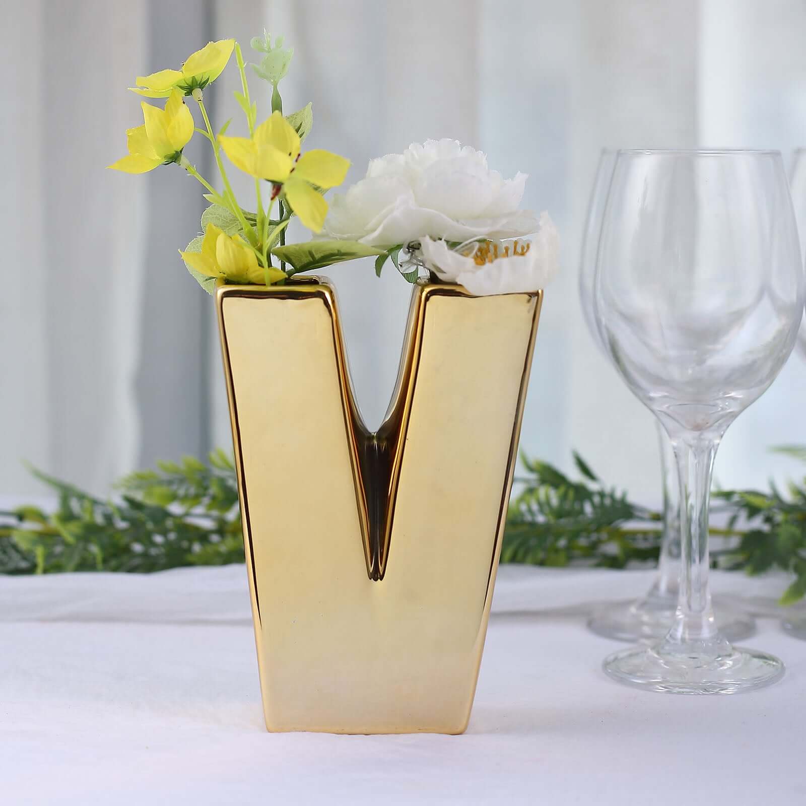 Shiny Ceramic Vase Letter V Gold Plated - Chic Bud Planter Pot for Events & Decor 6