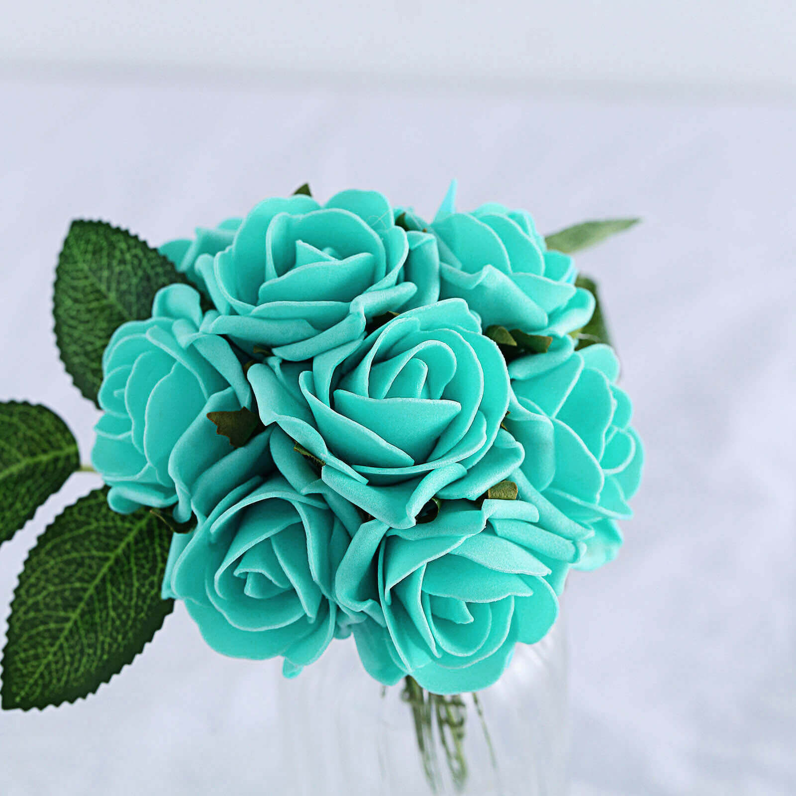 24 Roses 2 Turquoise Artificial Foam Flowers With Stem Wire and Leaves