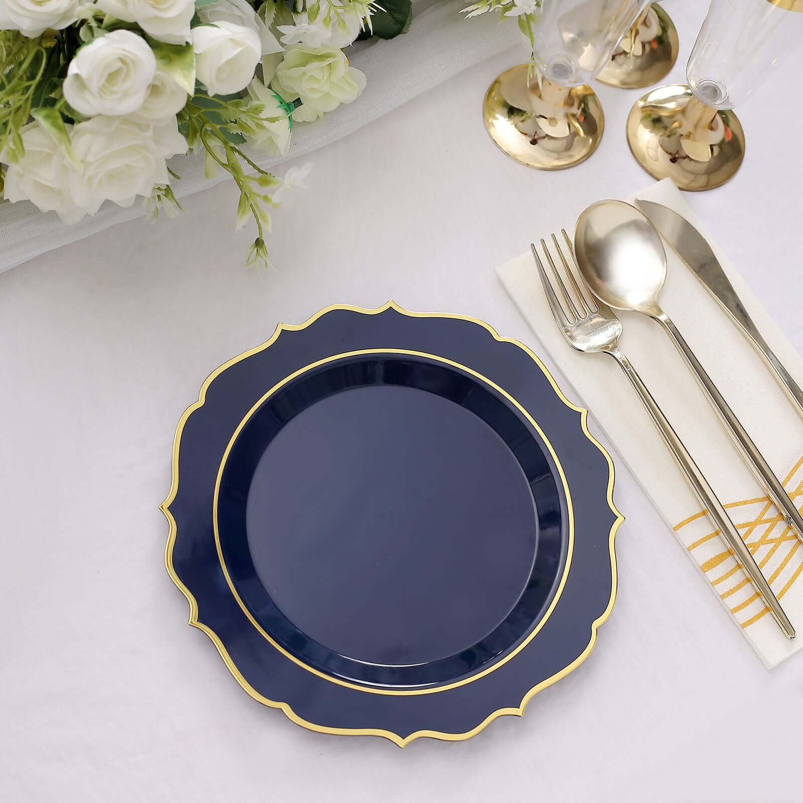 10-Pack Plastic 8 Round Desert Plates in Navy Blue with Gold Scalloped Rim - Disposable Appetizer/Salad Plates