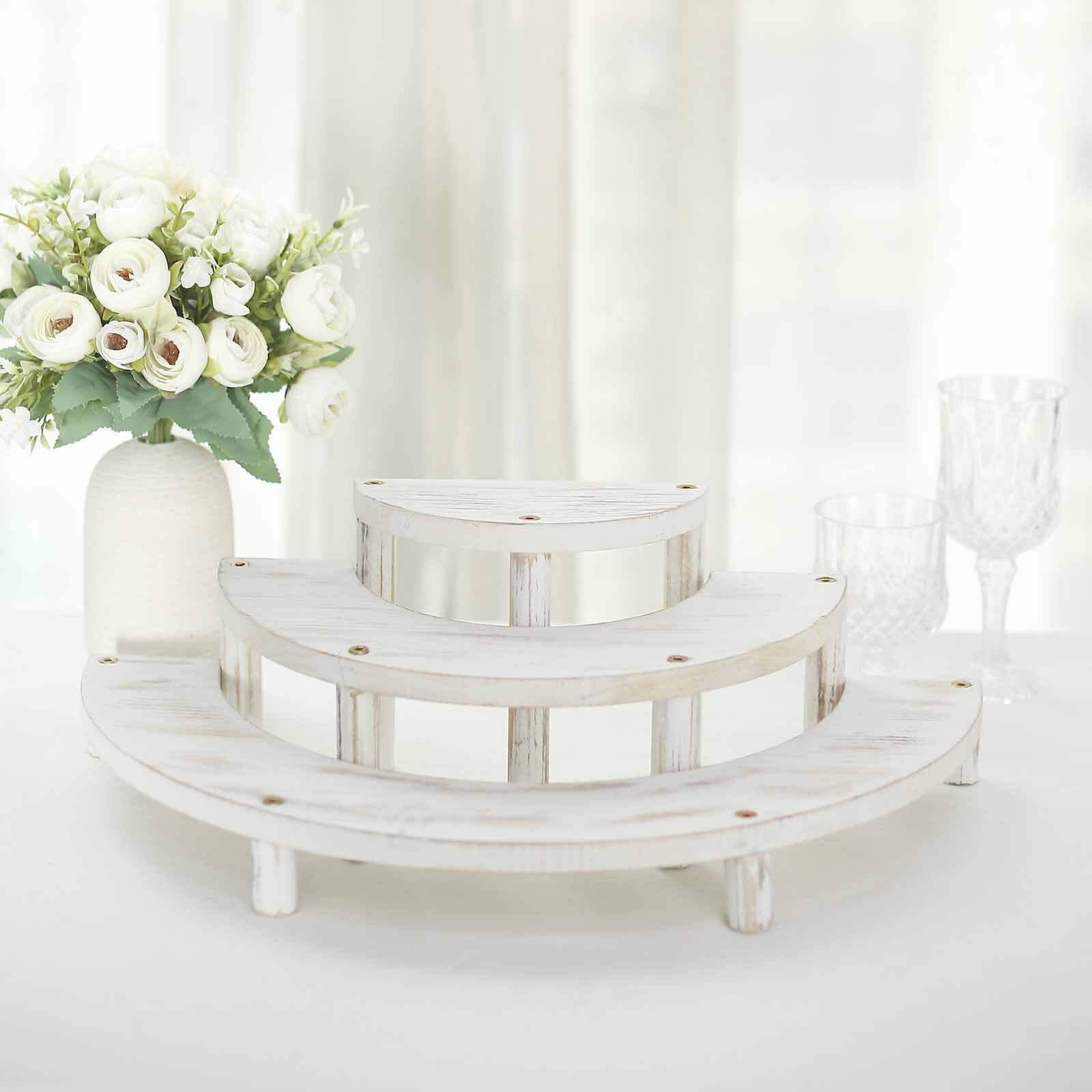 Set of 3 Wooden Dessert Pedestals Rustic Whitewashed 3-Tier Semicircle Design - Half Moon Cupcake Display Risers 7, 13, 18