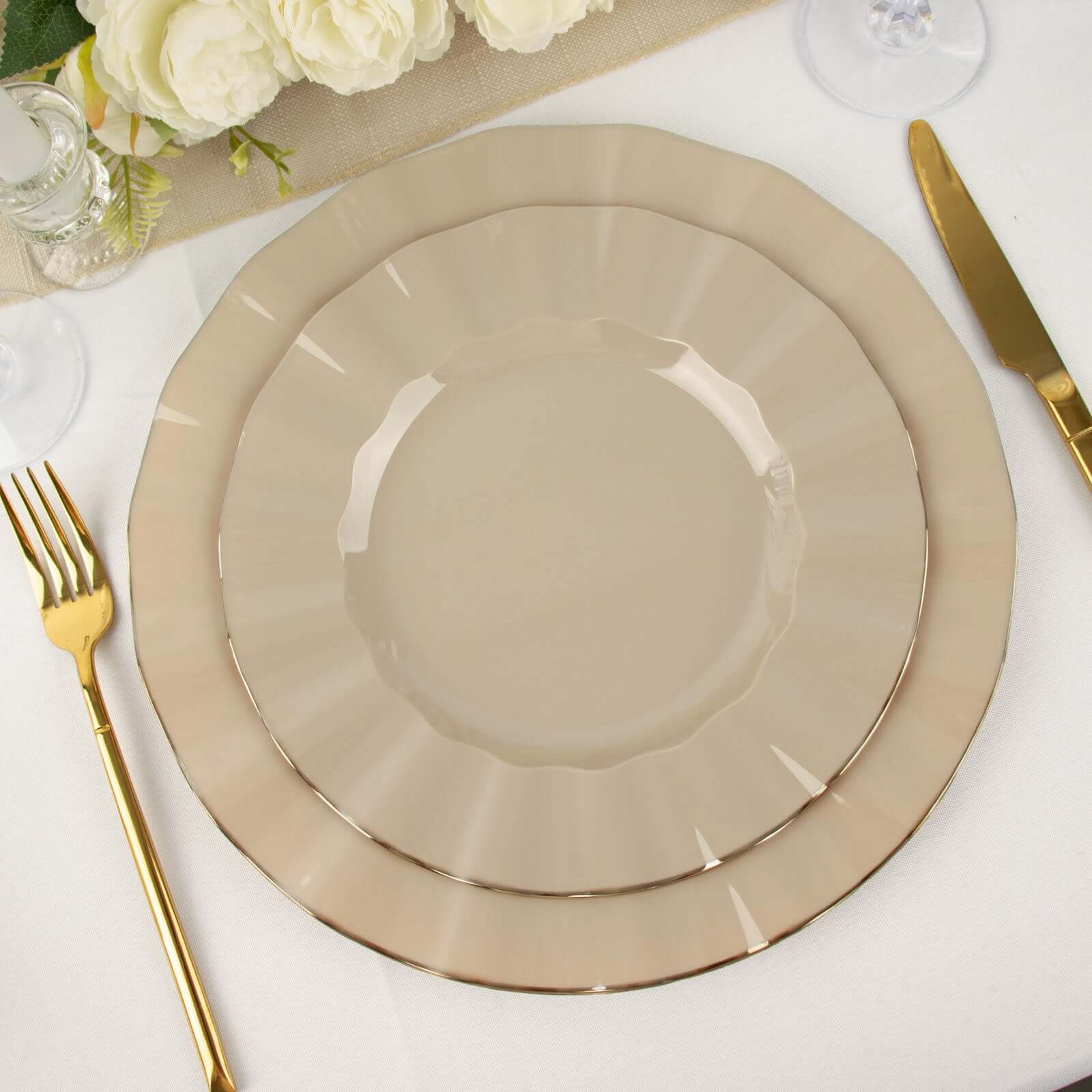 10-Pack Plastic 9 Round Dinner Plates in Taupe Ruffled Rim with Gold Edging - Sturdy Disposable Dinnerware