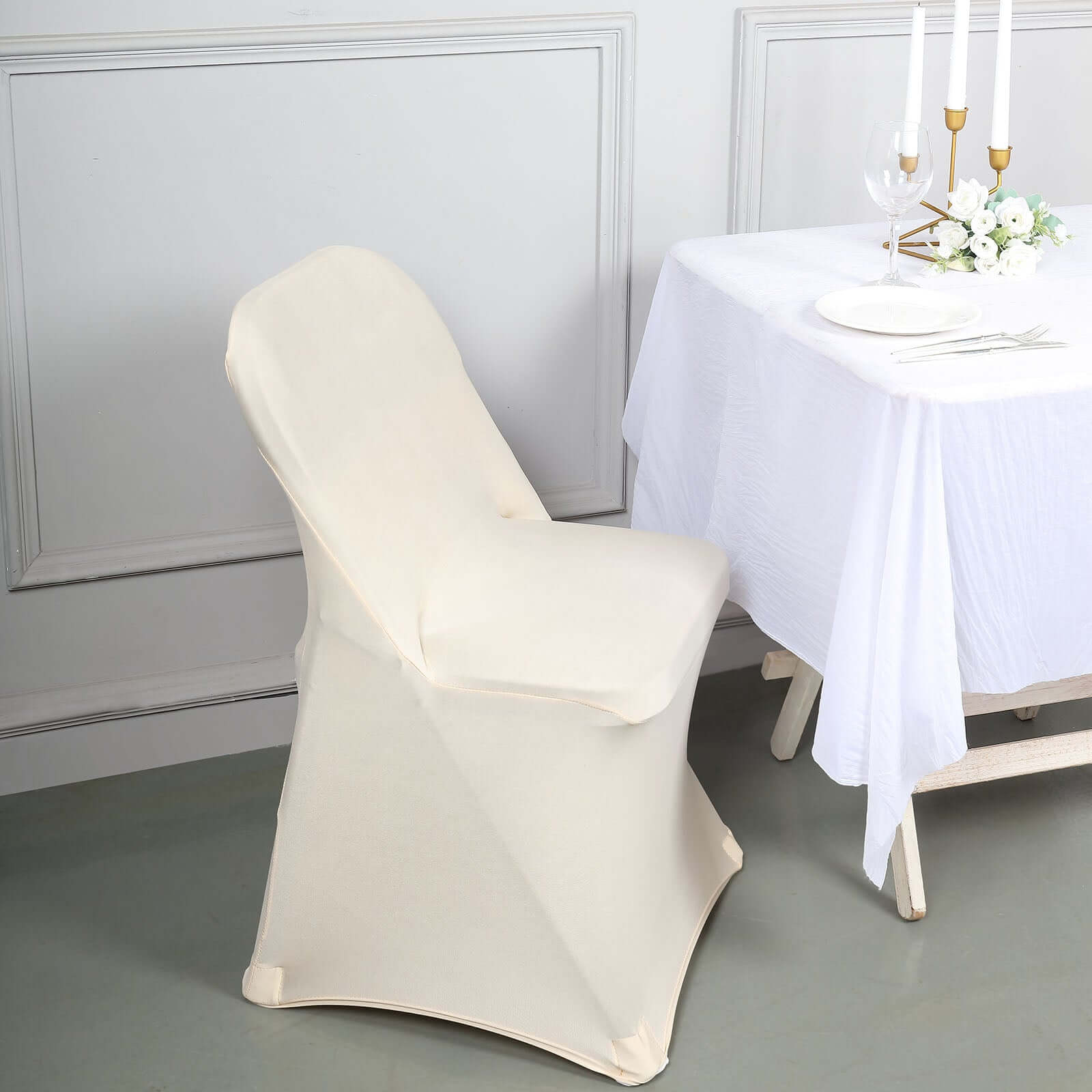 Stretch Spandex Chair Cover Beige for Folding Chairs - Reusable & Wrinkle-Resistant 160GSM Fitted Slipcover