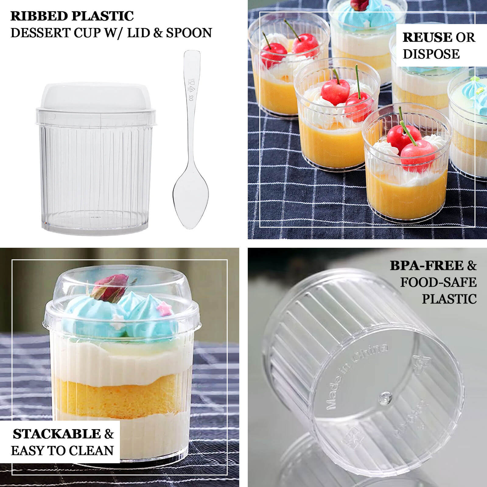 24-Pack Plastic Fruit Dessert Cups Ribbed Clear with Lid and Spoon - Ideal for Parfaits 5oz