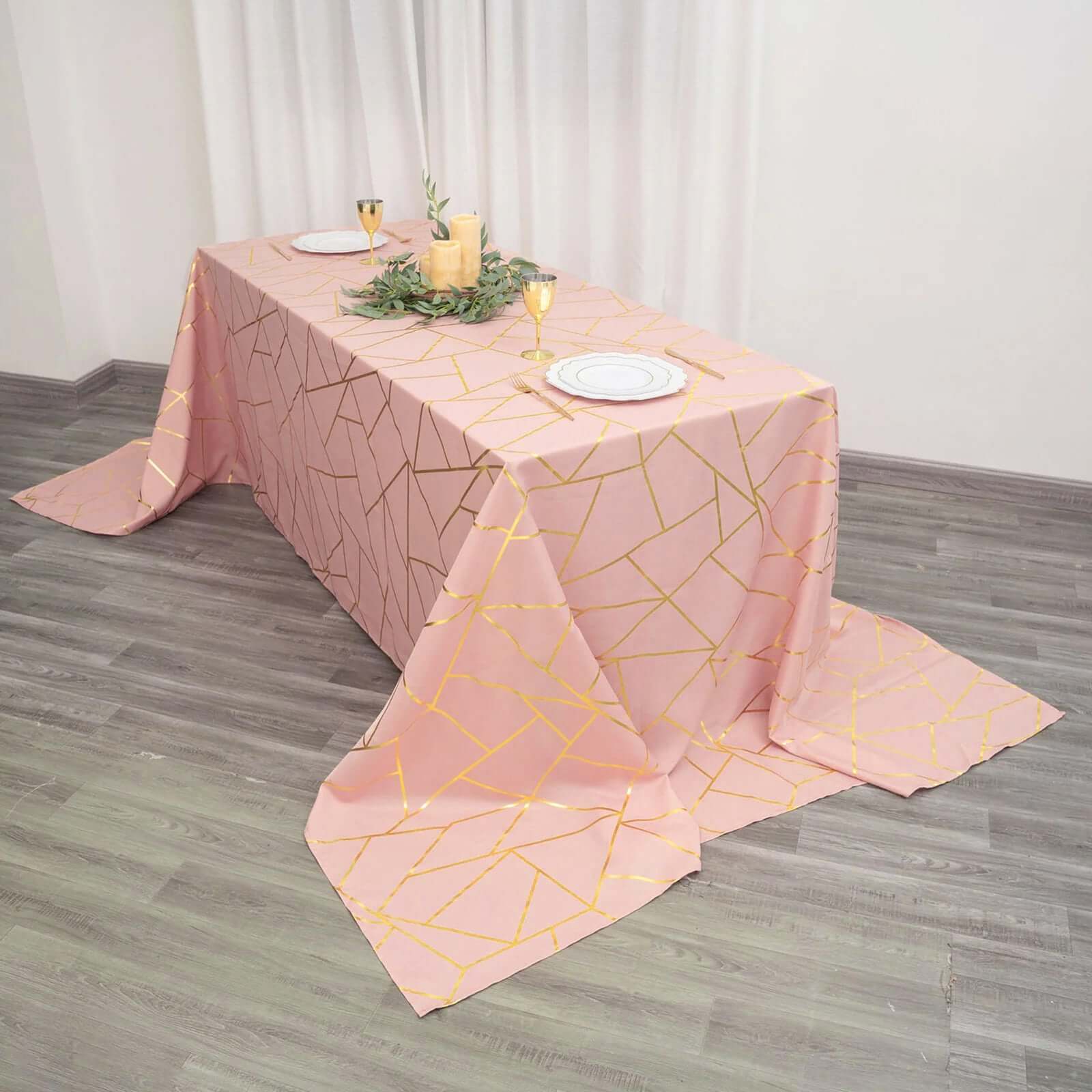 Polyester 90x156 Rectangle Tablecloth Dusty Rose Seamless with Gold Foil Geometric Pattern - Wrinkle-Resistant Seamless Table Cover for Sophisticated Events