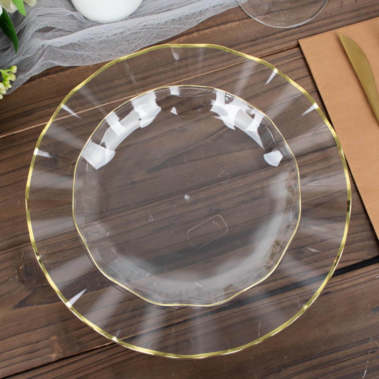 10-Pack Plastic Round 6 Dessert Plates in Clear Ruffled Rim with Gold Edging - Sturdy Disposable Salad Appetizer Dinnerware