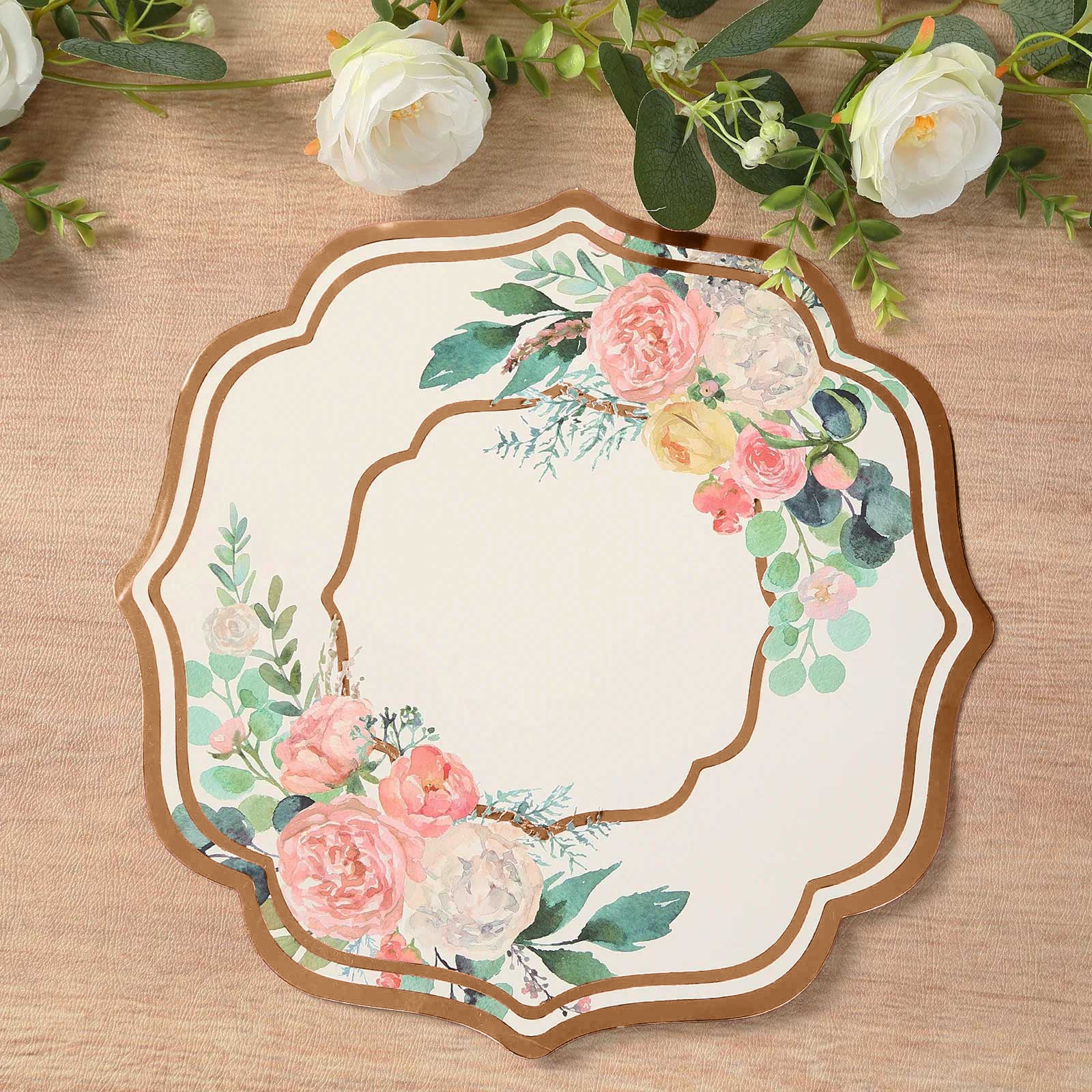 10-Pack Disposable Table Placemats in White with Peony Flowers Print & Rose Gold Scalloped Rim - Floral Cardboard Placemats for Dinner Parties & Gatherings 13