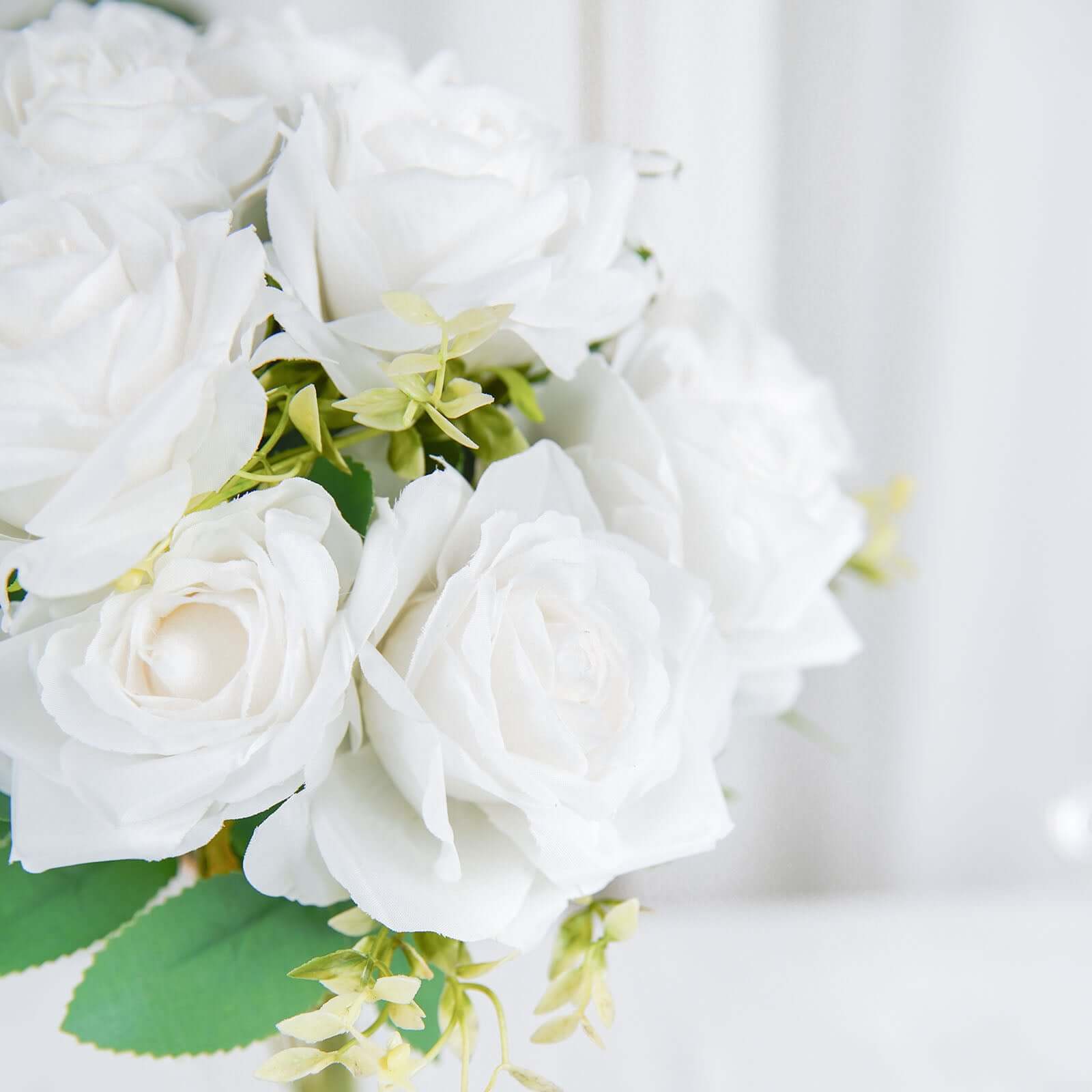 2 Bushes 18 Real Touch White Artificial Rose Flower Bouquet, Silk Long Stem Flower Arrangements