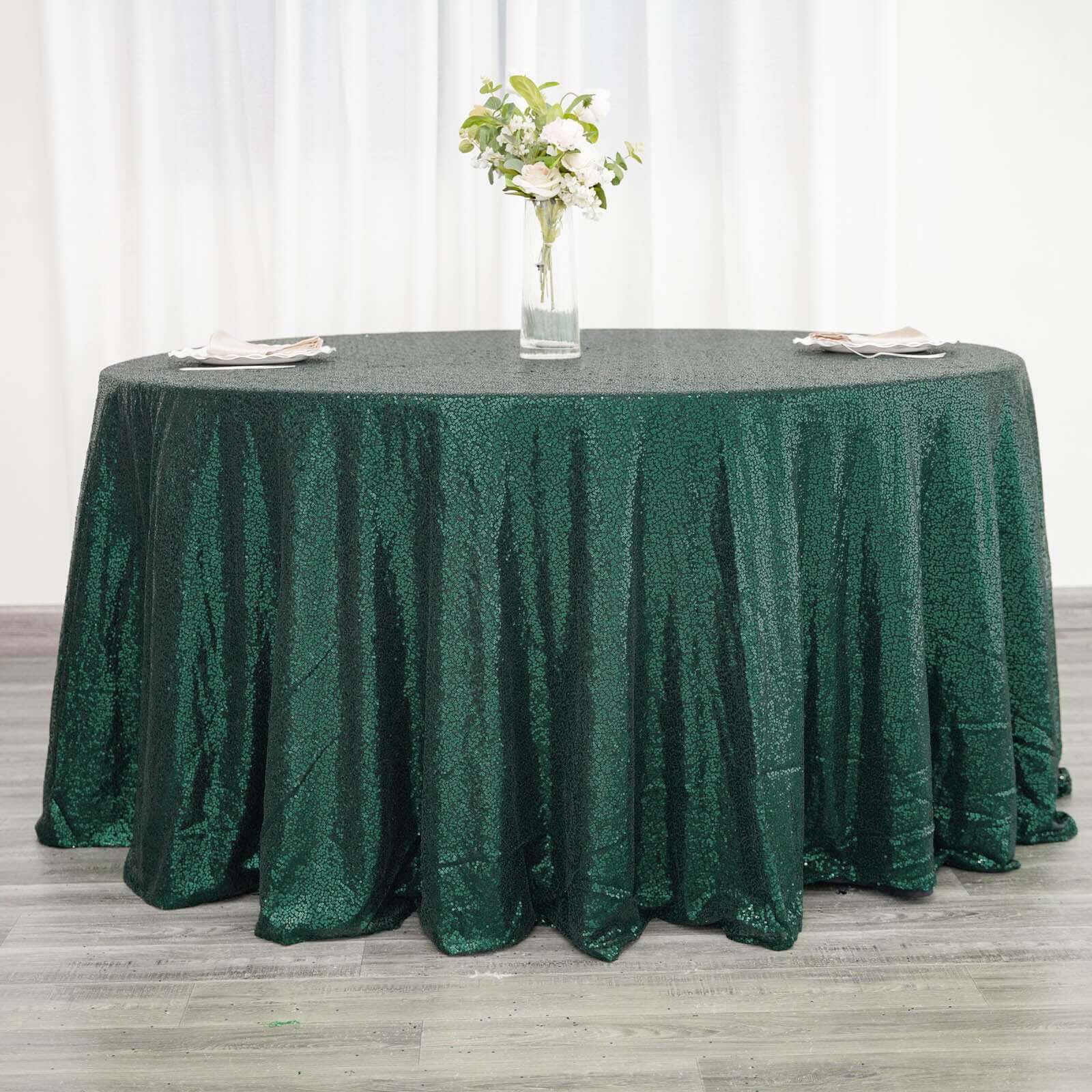 Sequin 120 Round Tablecloth Hunter Emerald Green - Seamless Glittering Table Cover