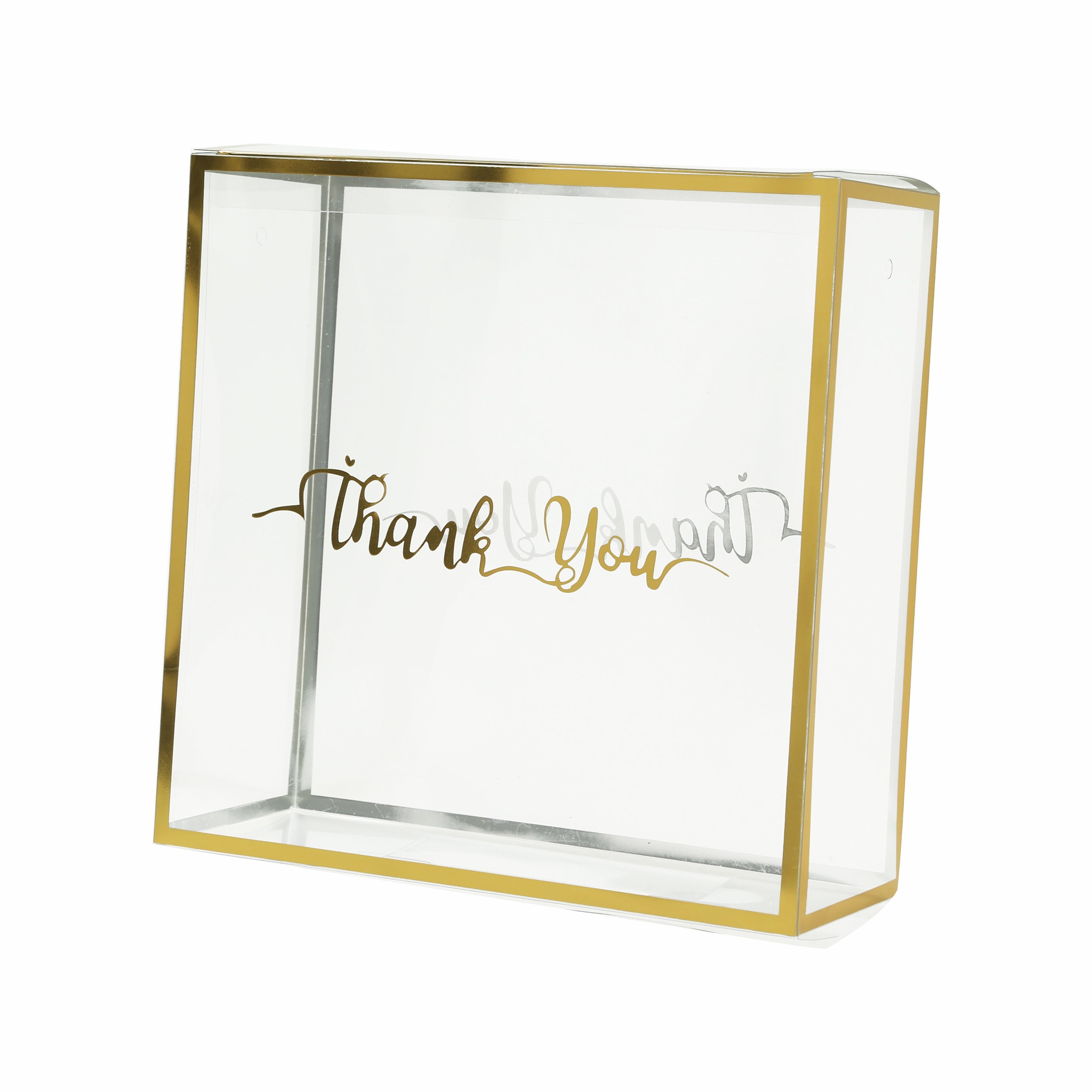 25 Pack Gold Trimmed Clear PVC Gift Boxes with Rope Handles and Thank You Print, Square Transparent Portable Candy Favor Boxes - 8x8