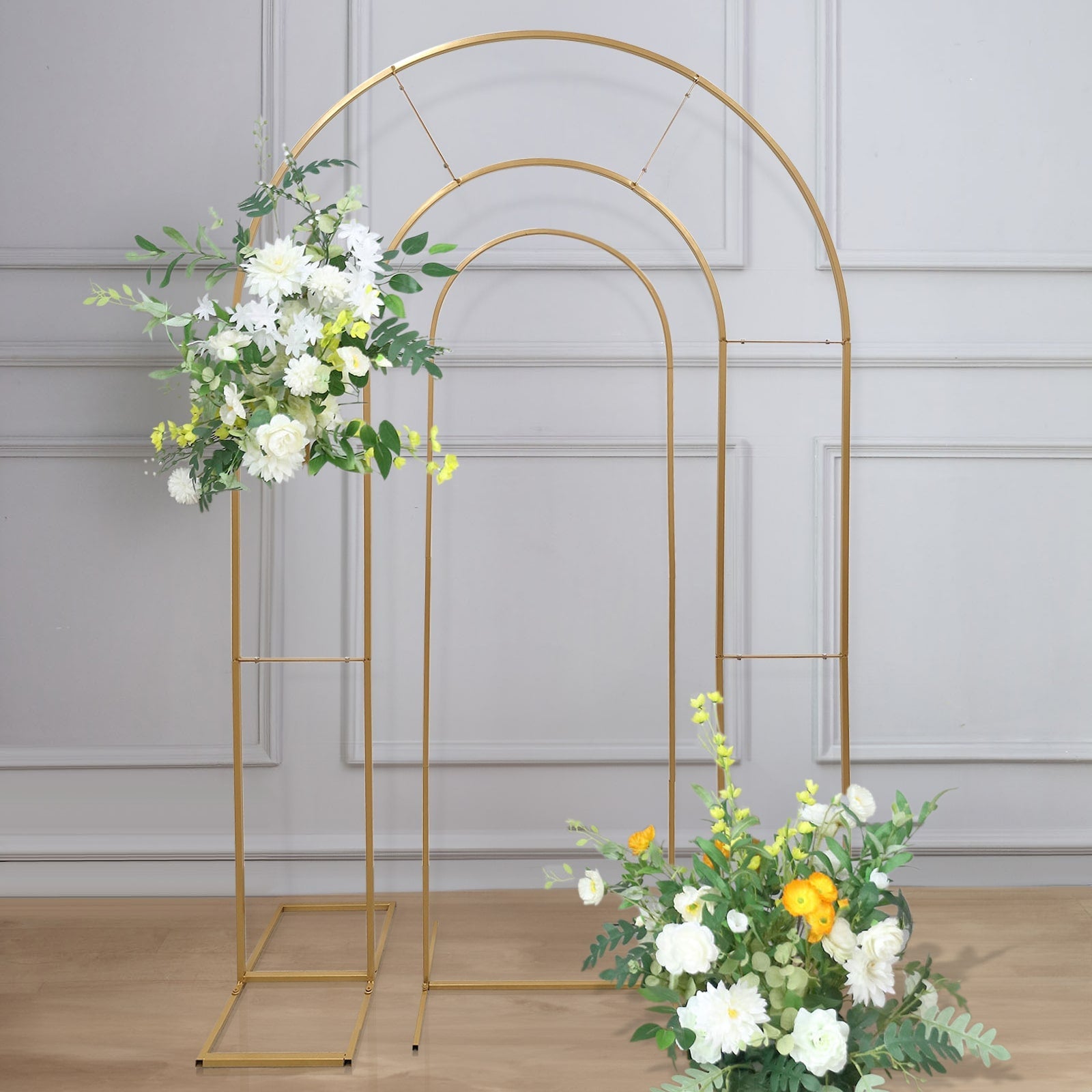 Set of 2 Gold Metal Round Top Chiara Backdrop Stand Wedding Arches, Double Arch Floral Balloon Frame Ceremony Arbors - 6ft,8ft