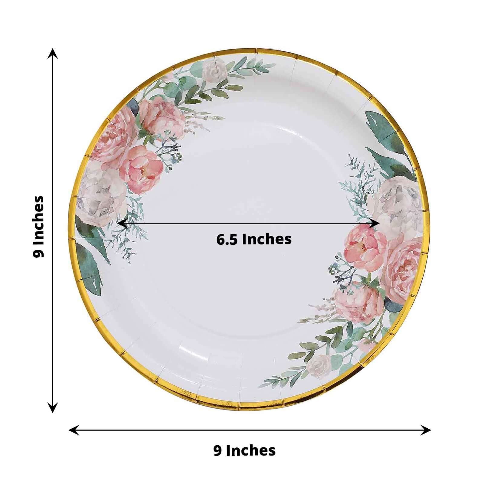 25-Pack Paper 9 Round Dinner Plates White with Peony Floral Design & Gold Rim - Disposable Floral Party Plates for Brunches & Afternoon Teas