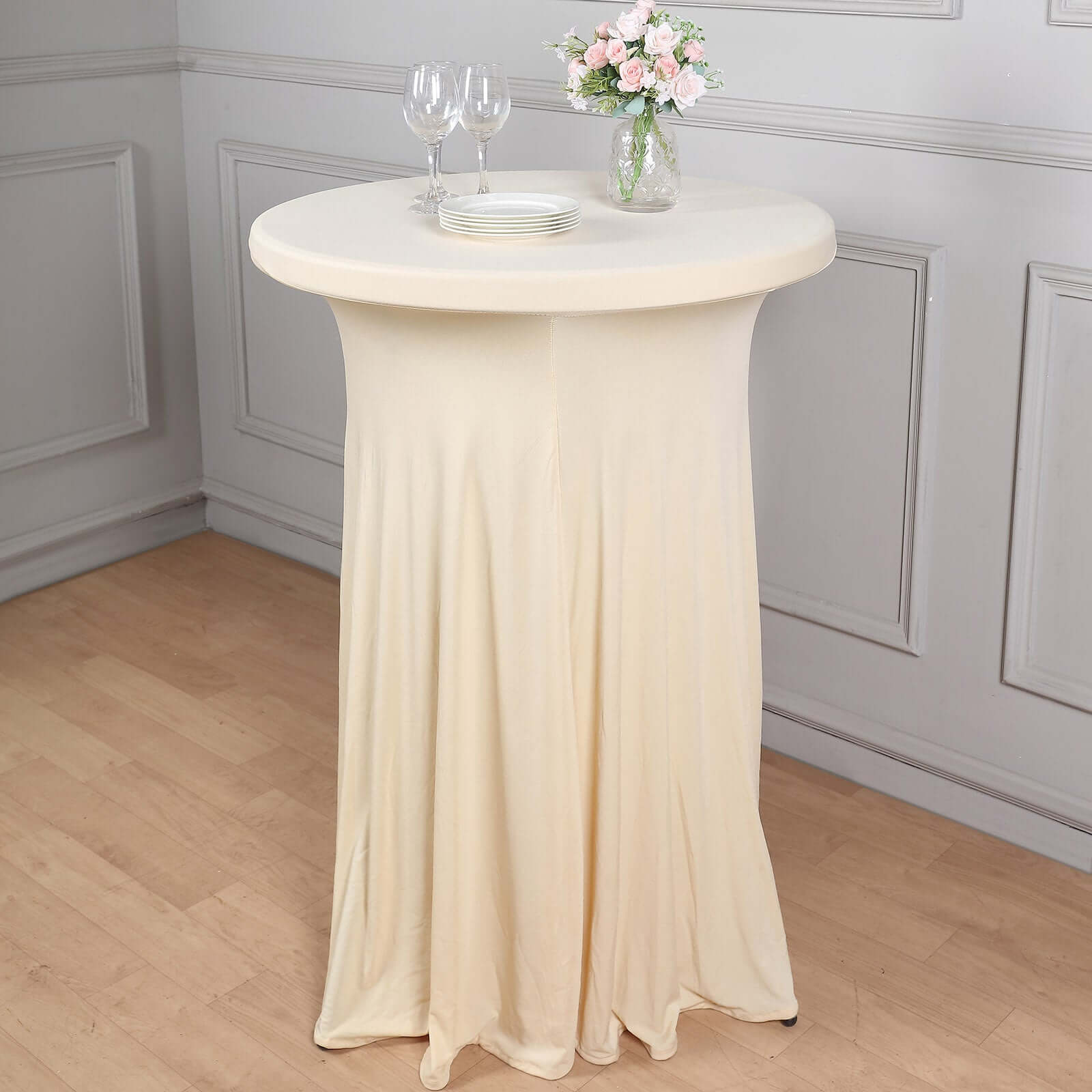 Spandex 32 Round Cocktail Table Cover Skirt Beige With Natural Wavy Drapes