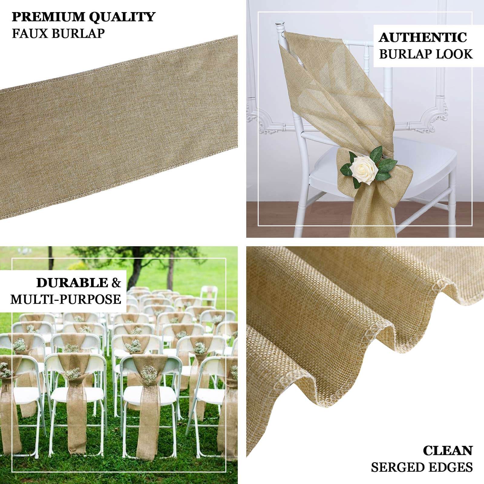 5 Pack Jute Faux Burlap 6x108 Chair Sashes Gold - Boho Chic Linen Decor for Weddings & Gatherings