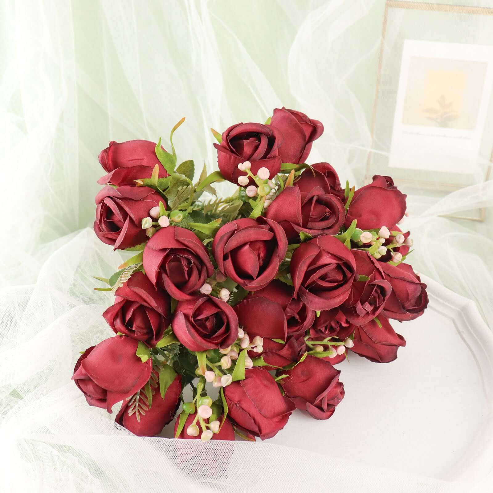 3 Pack 13 Burgundy Real Touch Silk Rose Bud Flower Bridal Bouquets, Artificial Floral Bush Arrangements
