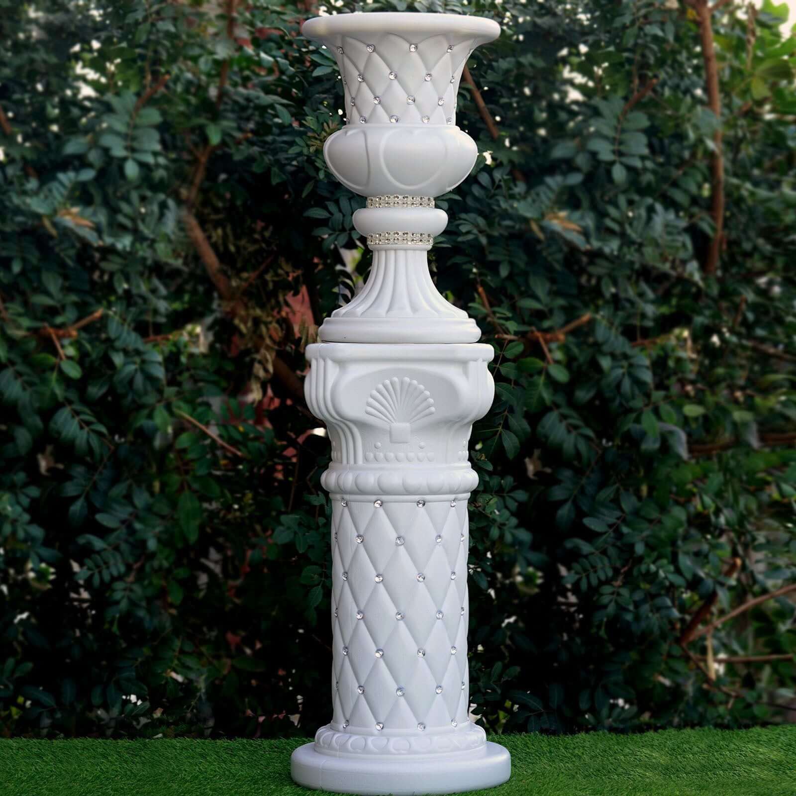 2 Pack White Crystal Beaded Italian Inspired Pedestal Stand Flower Plant Pillar With 10mm Crystal Studs - 18 Tall PVC