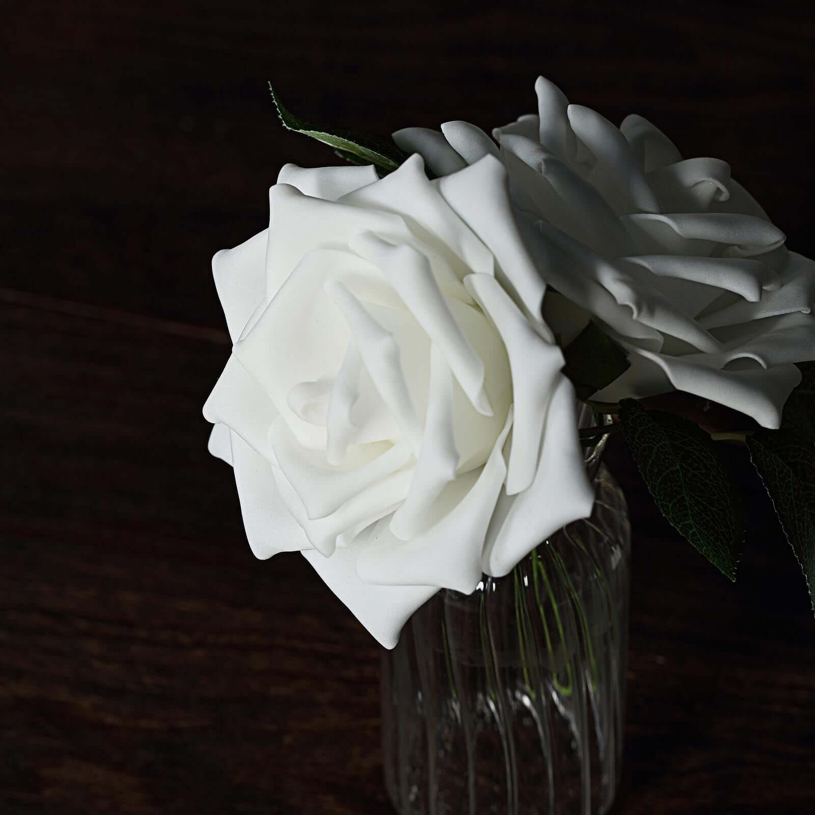 24 Roses 5 White Artificial Foam Flowers With Stem Wire and Leaves