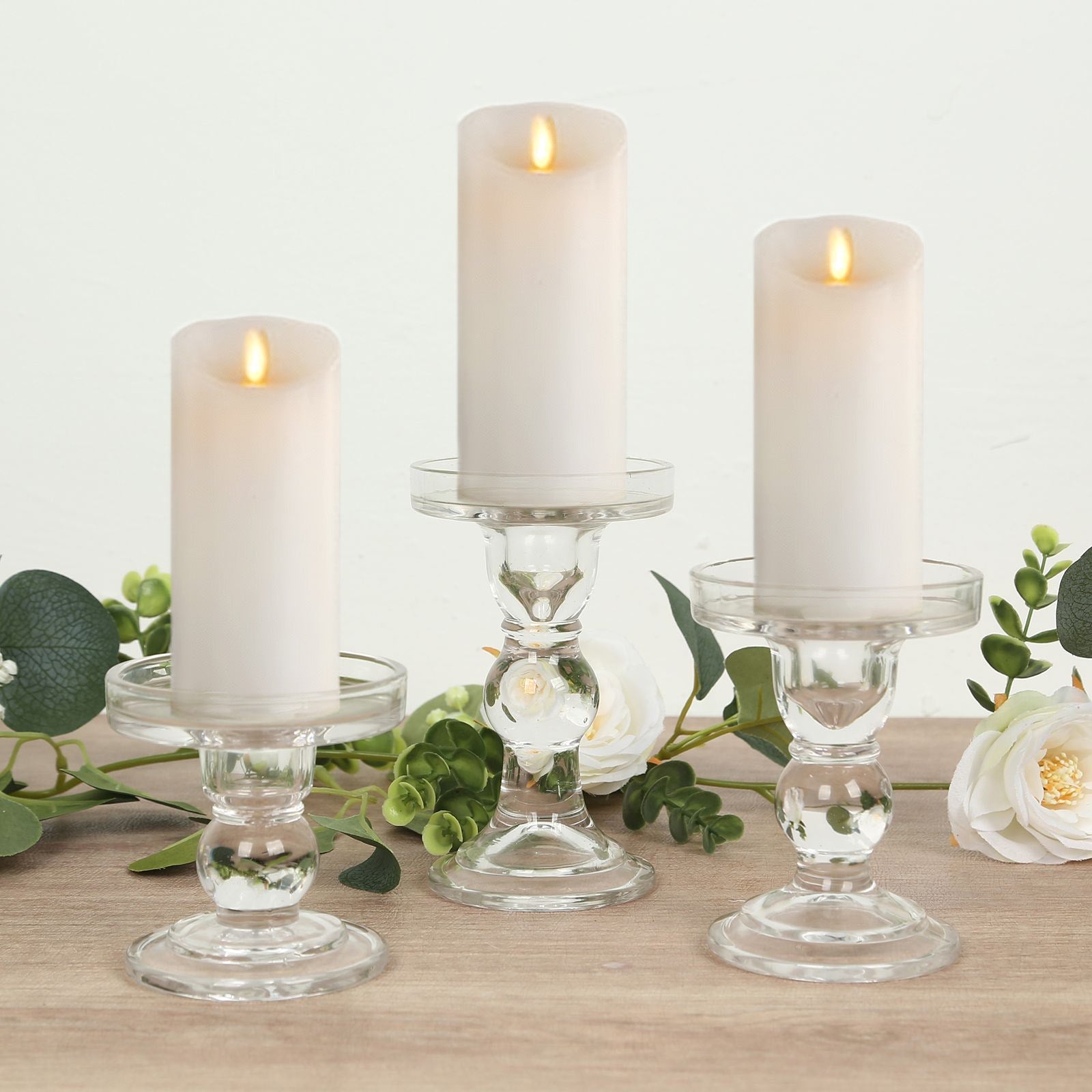 Set of 3 Glass Pillar Candle Holders Clear with Round Tray - Crystal Ball Stem Taper Candlestick Tea Light Stands 3.5, 4.5, 5.5