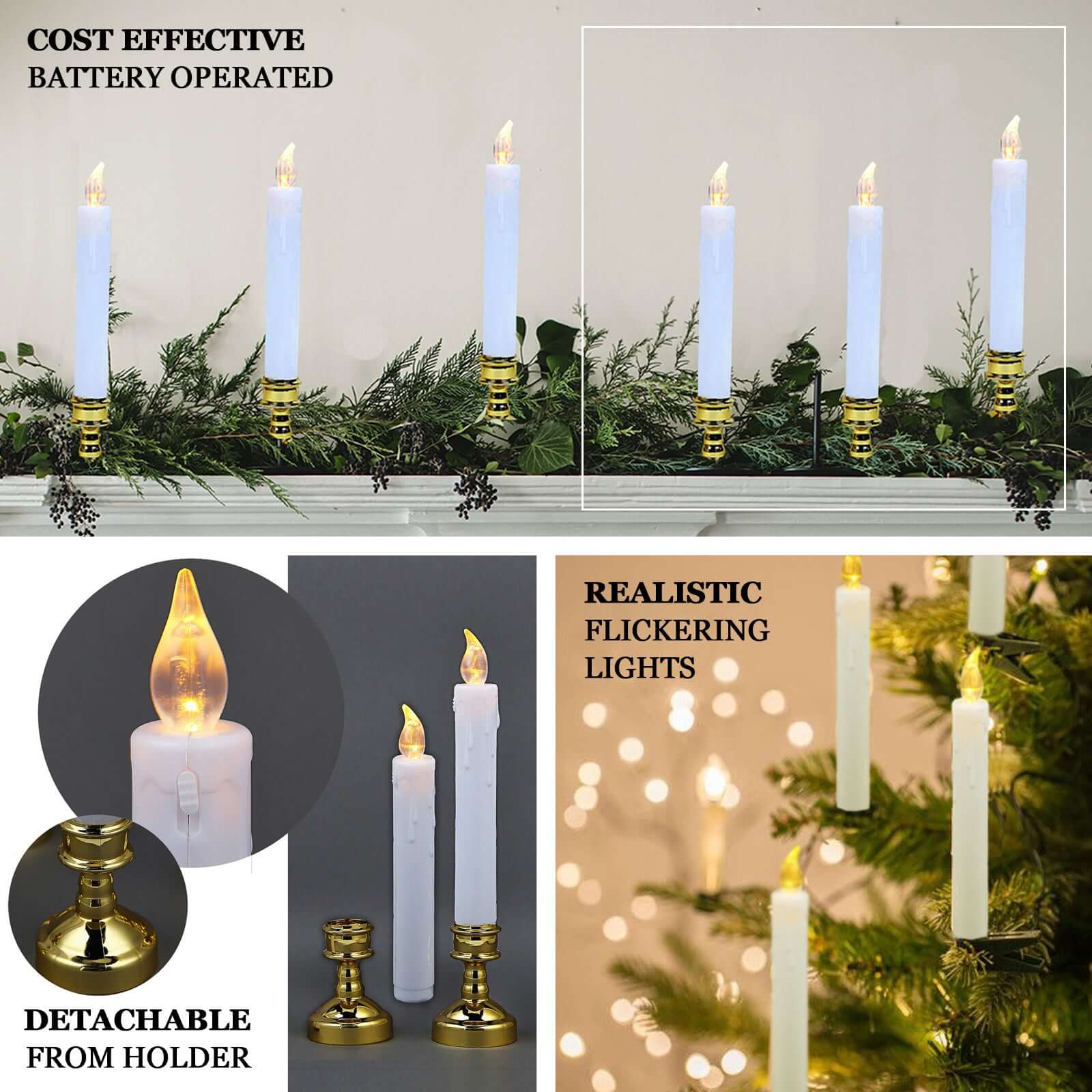 Set of 6 LED Window Candles Flickering White - Battery Operated Taper Candles with Gold Holders 10