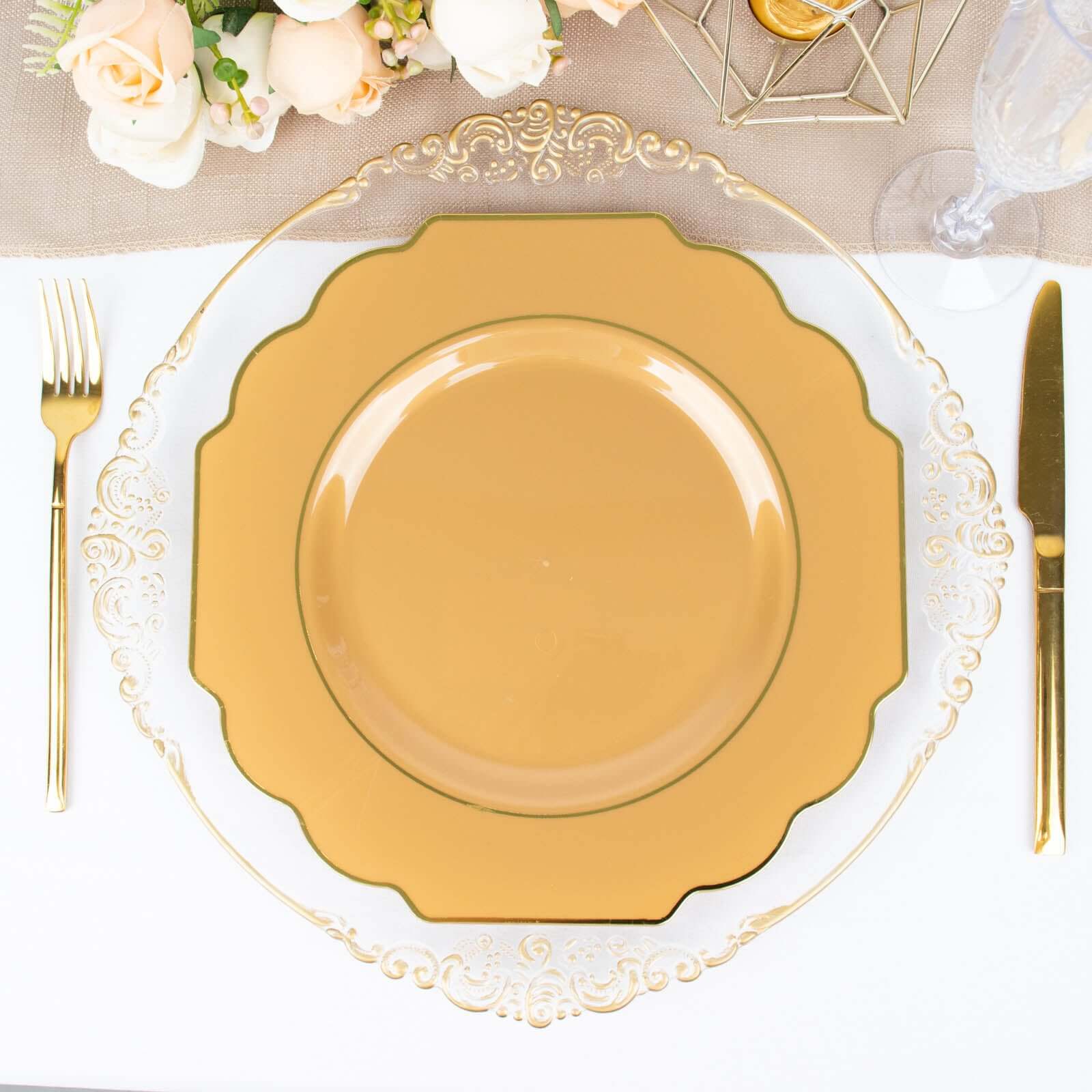 10-Pack Plastic Dinner Plates in Gold Baroque Design with Scalloped Gold Rim - Heavy Duty Disposable Party Plates for Events & Banquets 11