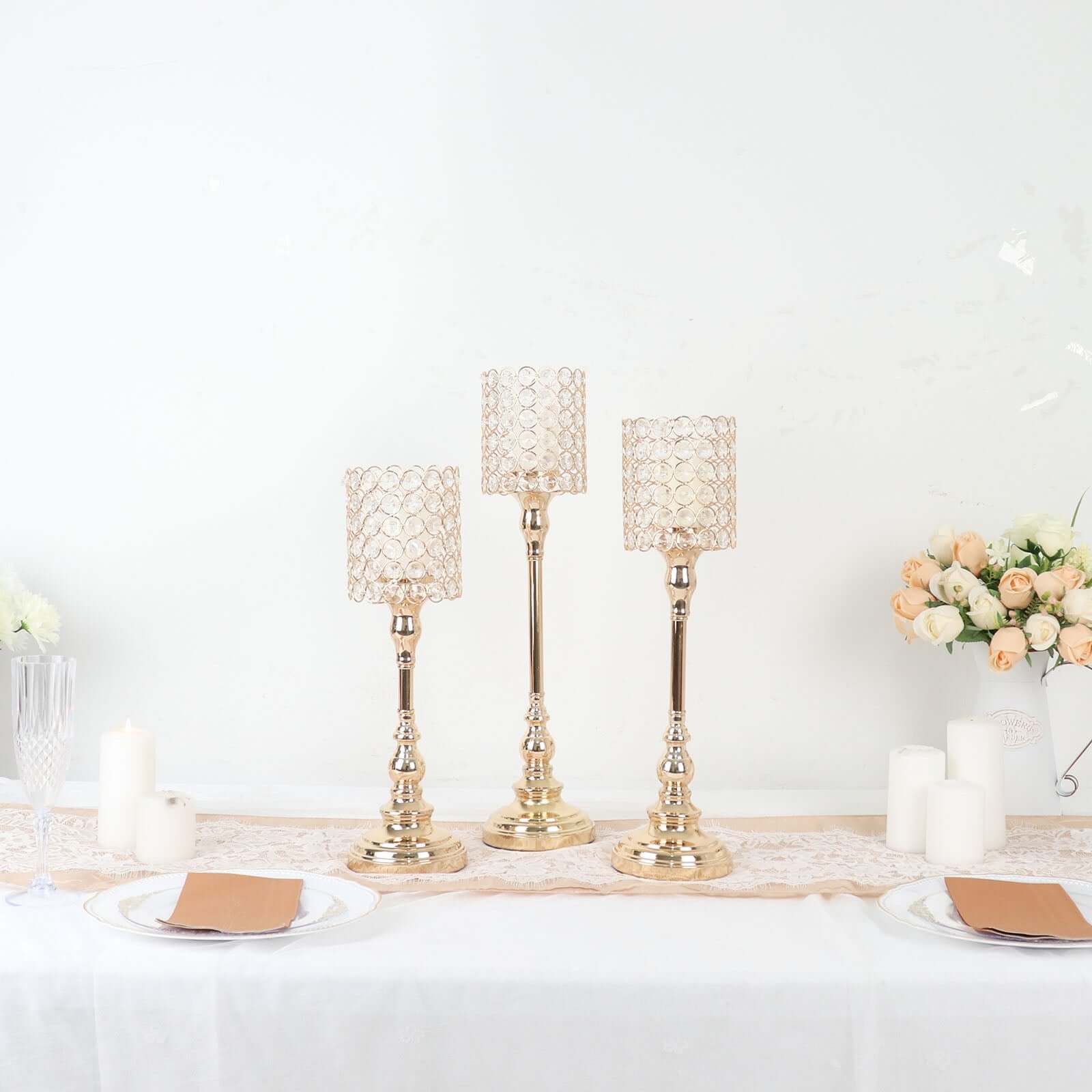 Set of 3 Crystal Beaded Goblet Votive Candle Holder Stands Gold - Tea Light Centerpiece 18, 16, 14