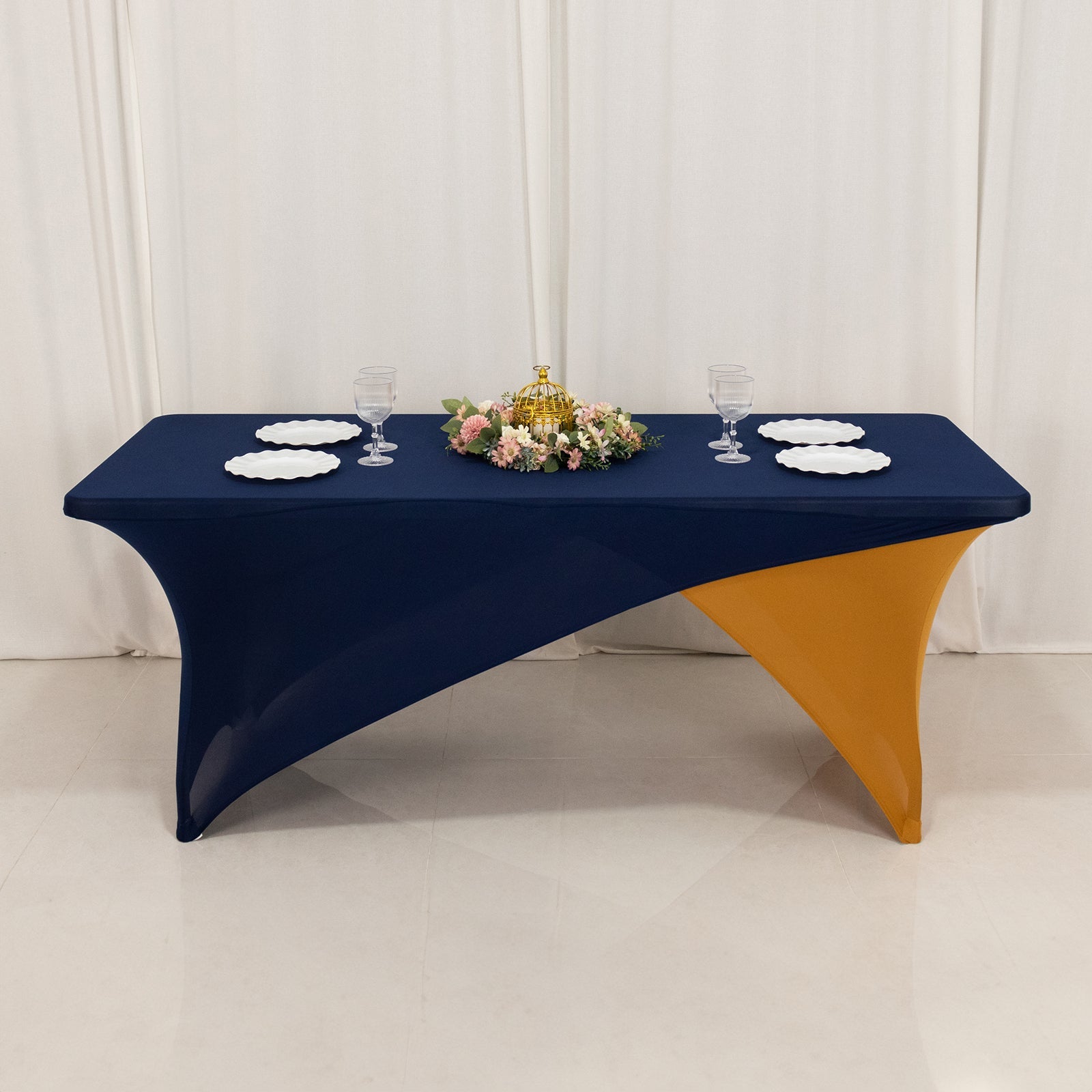 Stretch Spandex 72x30 Rectangle Table Cover Navy Blue/Gold Cross Over Design - Two-Piece Fitted Tablecloth with Elastic Foot Pockets