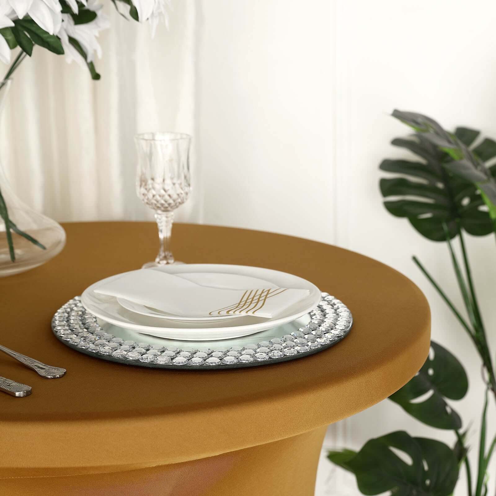 Spandex 32 Round Cocktail Table Cover Skirt Gold With Natural Wavy Drapes - Stylish & Sophisticated Event Decor
