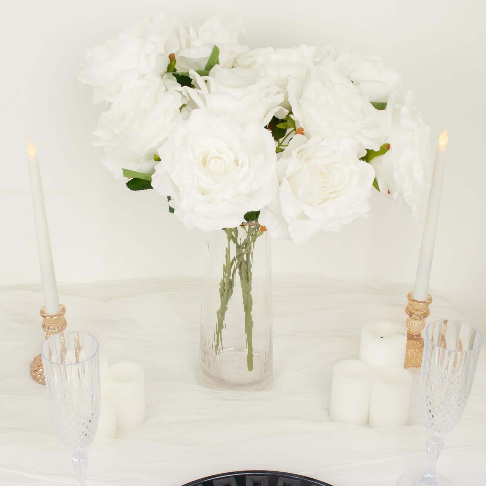 2 Bushes 17 White Premium Silk Jumbo Rose Flower Bouquet, High Quality Artificial Wedding Floral Arrangements
