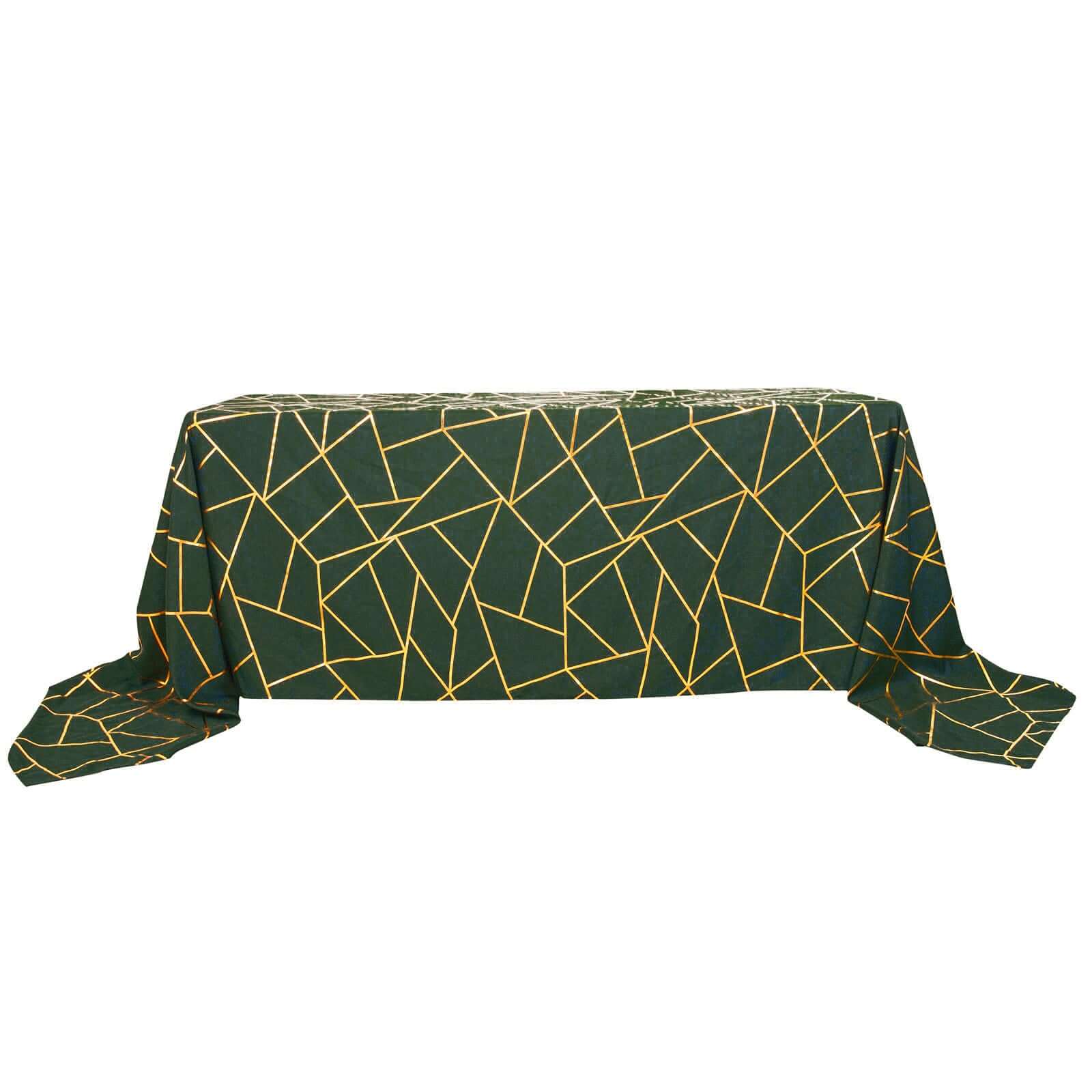 Polyester 90x132 Rectangle Tablecloth Hunter Emerald Green with Gold Foil Geometric Pattern - Wrinkle-Resistant Seamless Table Cover