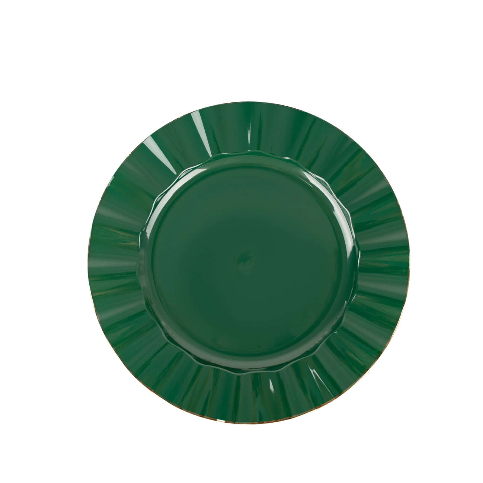 10-Pack Plastic 9 Round Dinner Plates in Hunter Emerald Green Ruffled Rim with Gold Edging - Sturdy Disposable Dinnerware