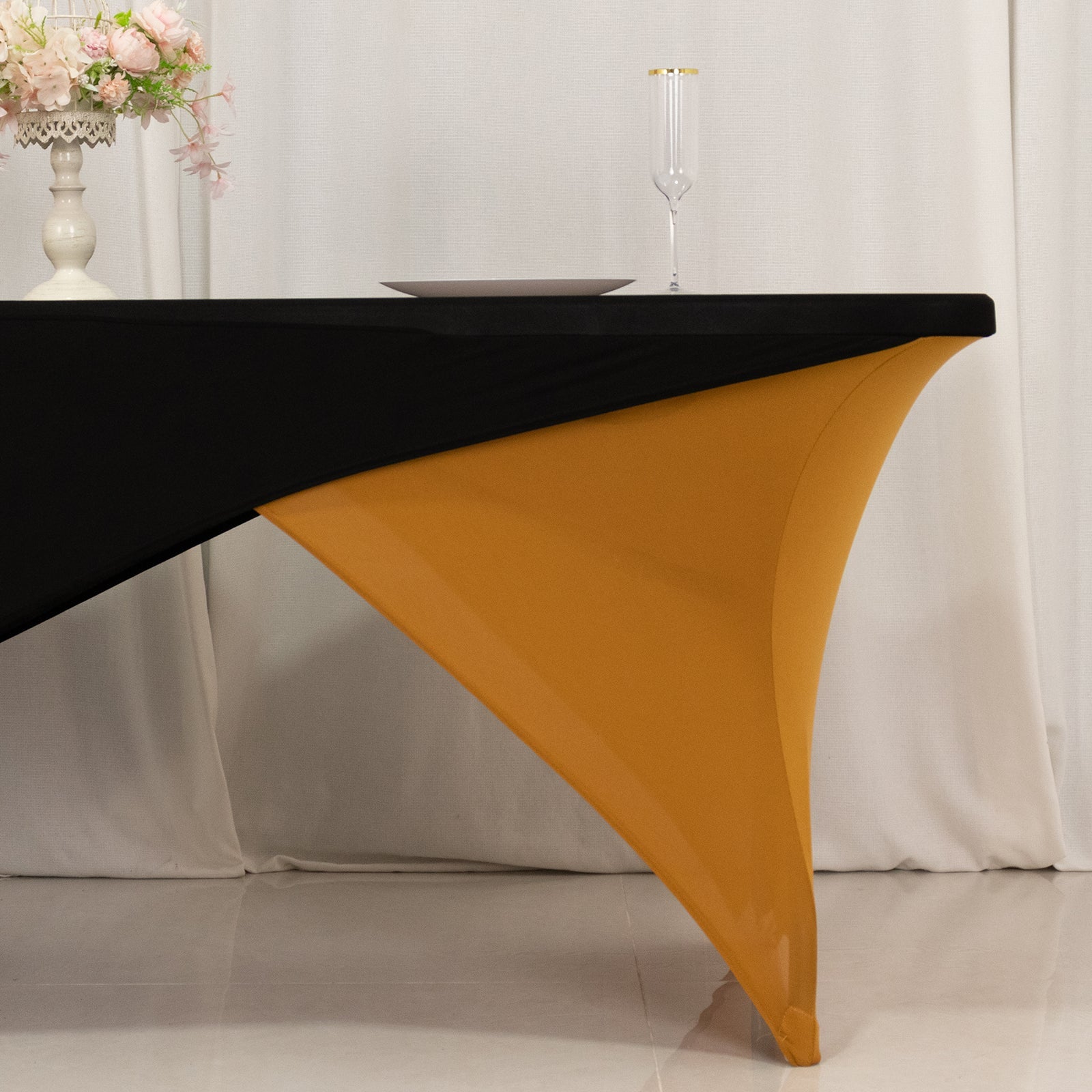 Stretch Spandex 72x30 Rectangle Table Cover Black/Gold Cross Over Design - Two-Piece Fitted Tablecloth with Elastic Foot Pockets