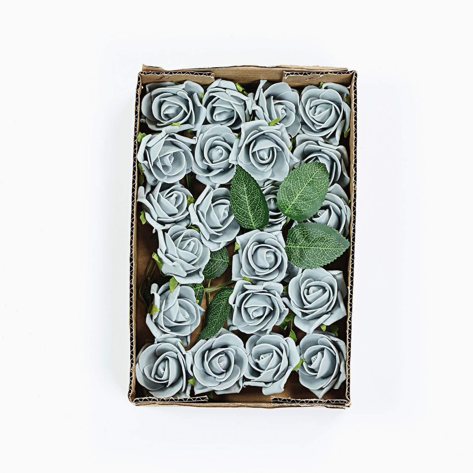 24 Roses 2 Silver Artificial Foam Flowers With Stem Wire and Leaves