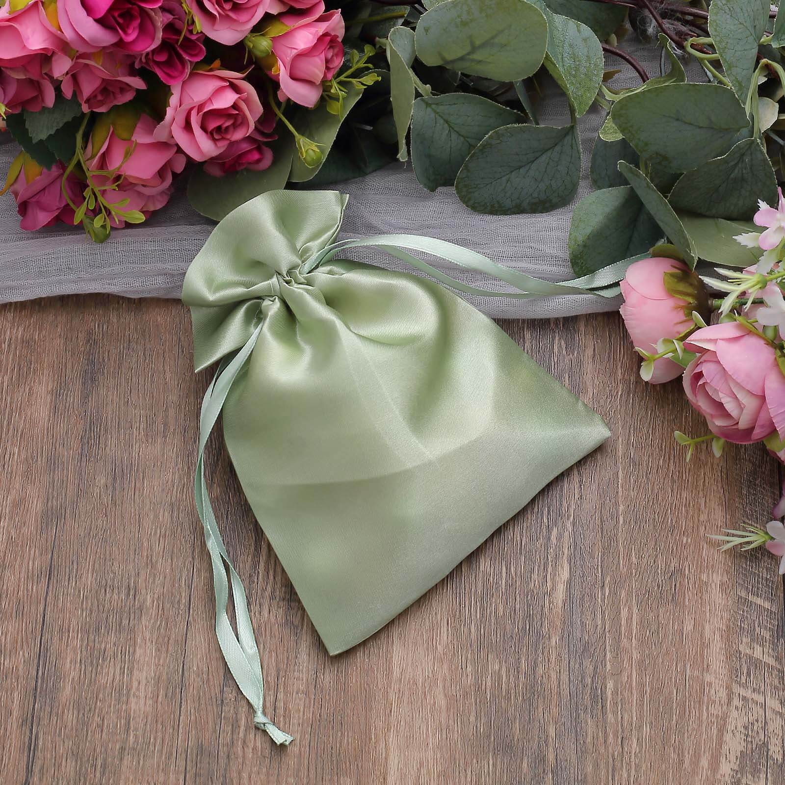 12 Pack 5x7 Sage Green Satin Drawstring Wedding Party Favor Gift Bags, Drawstring Pouch Gift Bags