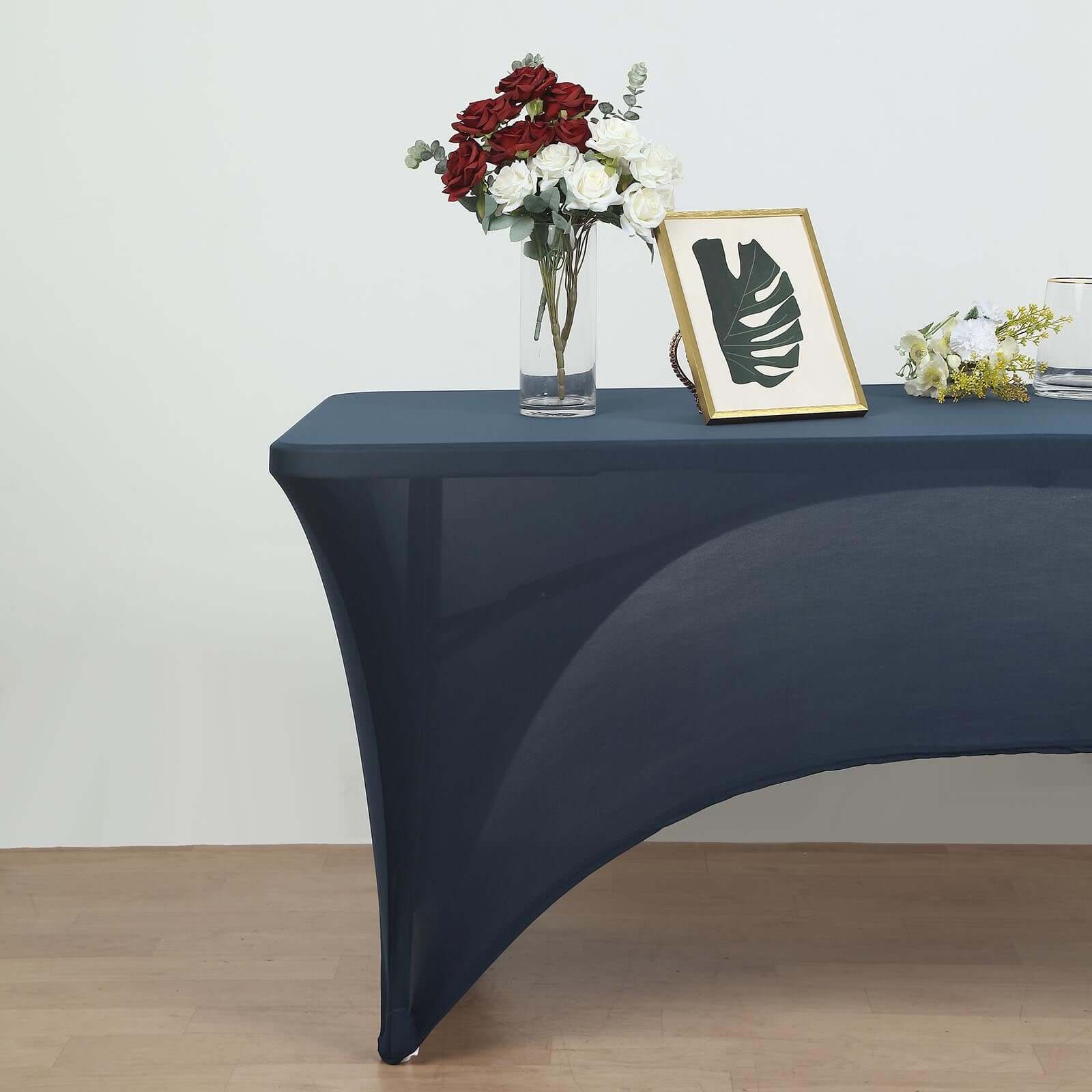 Stretch Spandex 72x30 Rectangular Table Cover Navy Blue with Curved Open Back Design Tailored Professional Look