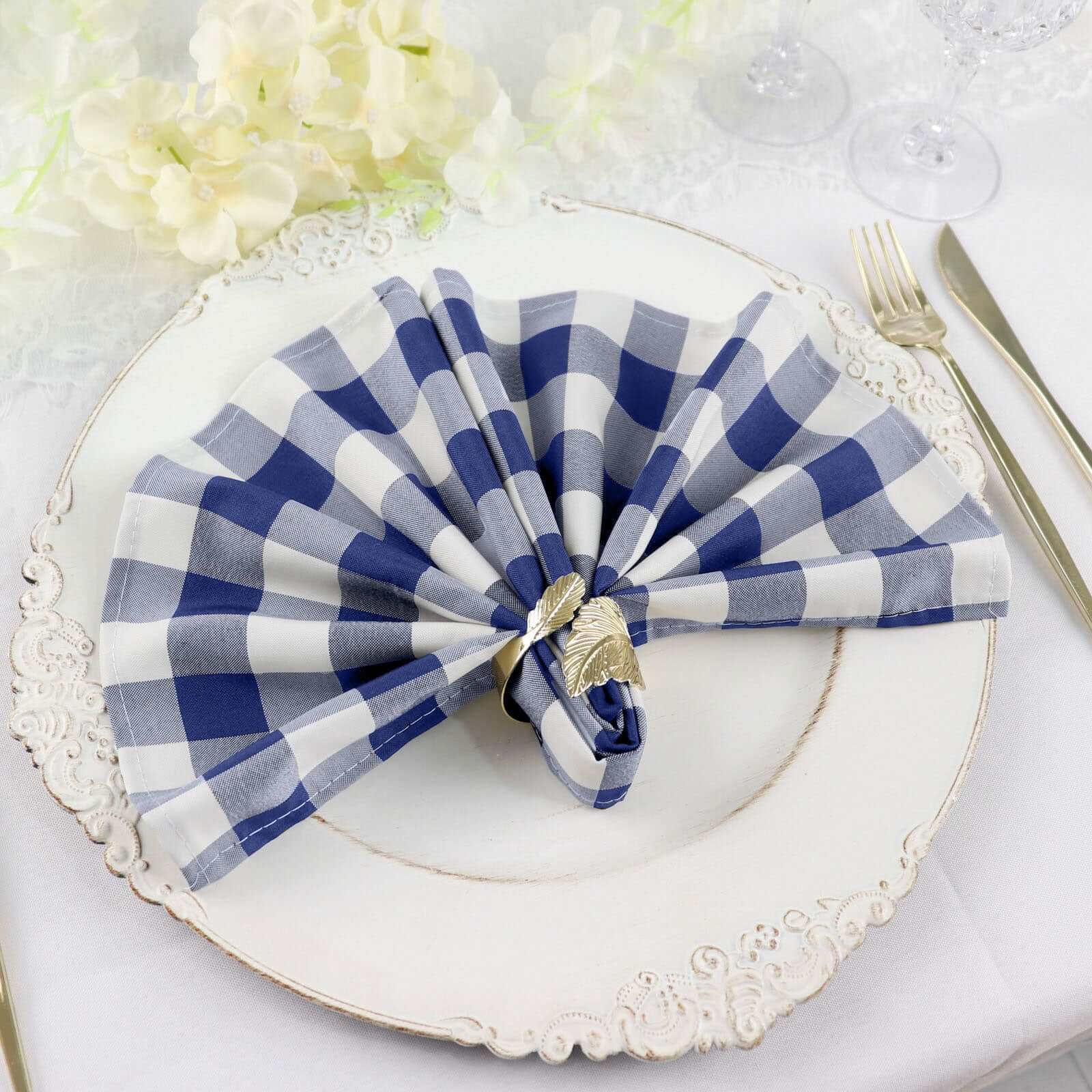 5 Pack Polyester 15x15 Napkins Navy Blue/White Buffalo Plaid Gingham Style Cloth Napkins