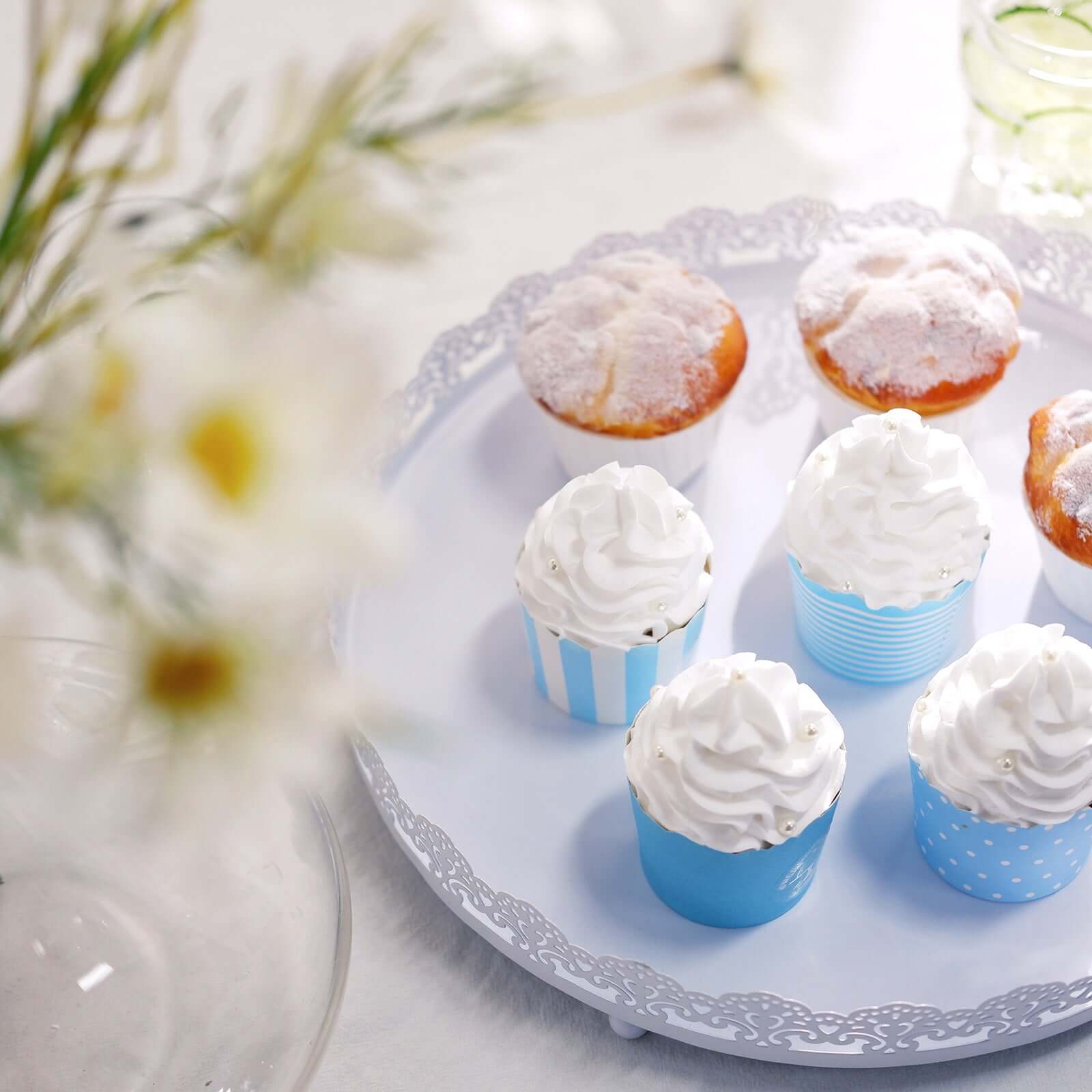 Metal Round Serving Tray 12 in White with Embellished Rims, Stylish Decorative Vanity Tray Centerpiece