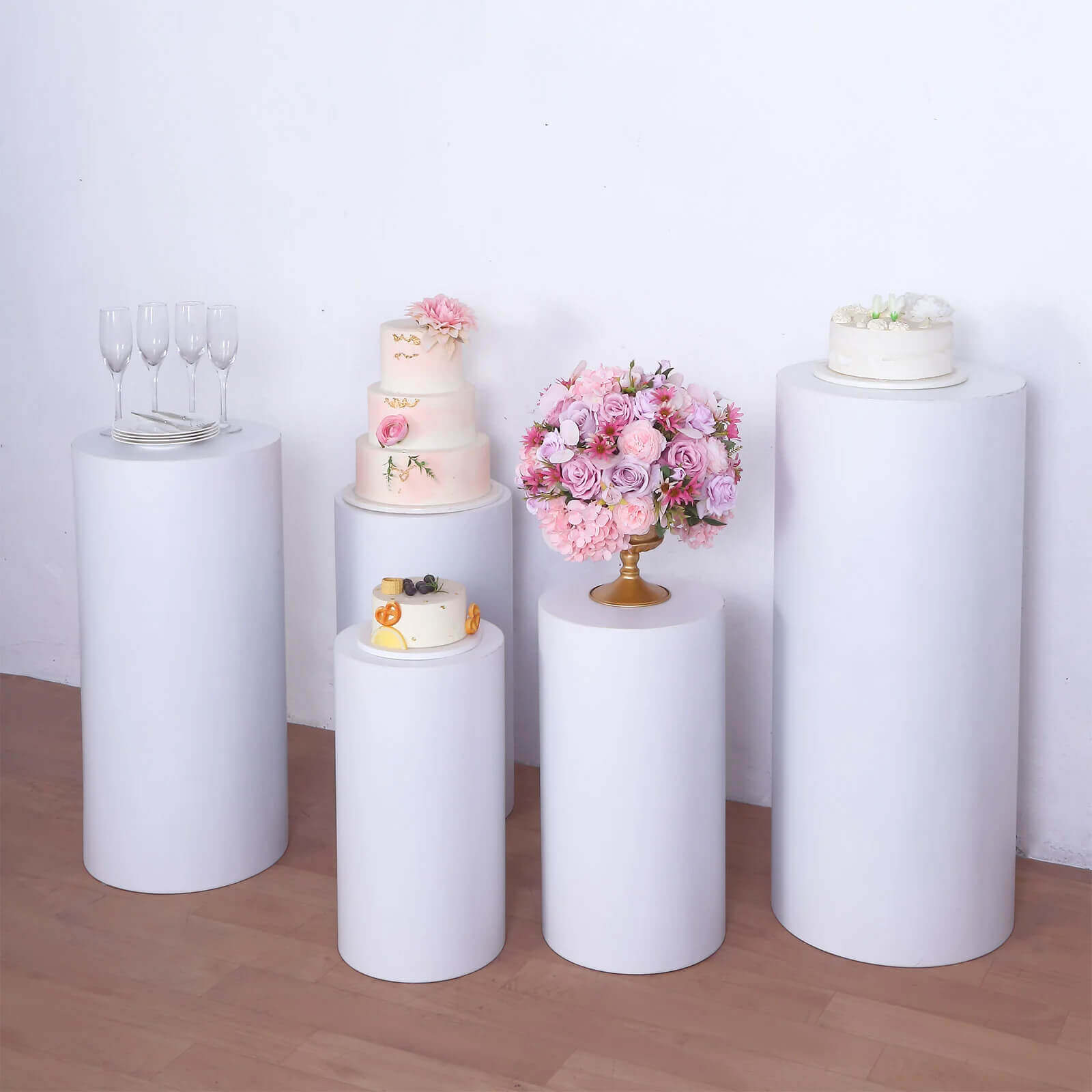 Set of 5 White Metal Cylinder Pillar Prop Stands For Wedding Aisle, Round Plinth Pedestal Display Boxes - 20, 22, 24, 30, 34