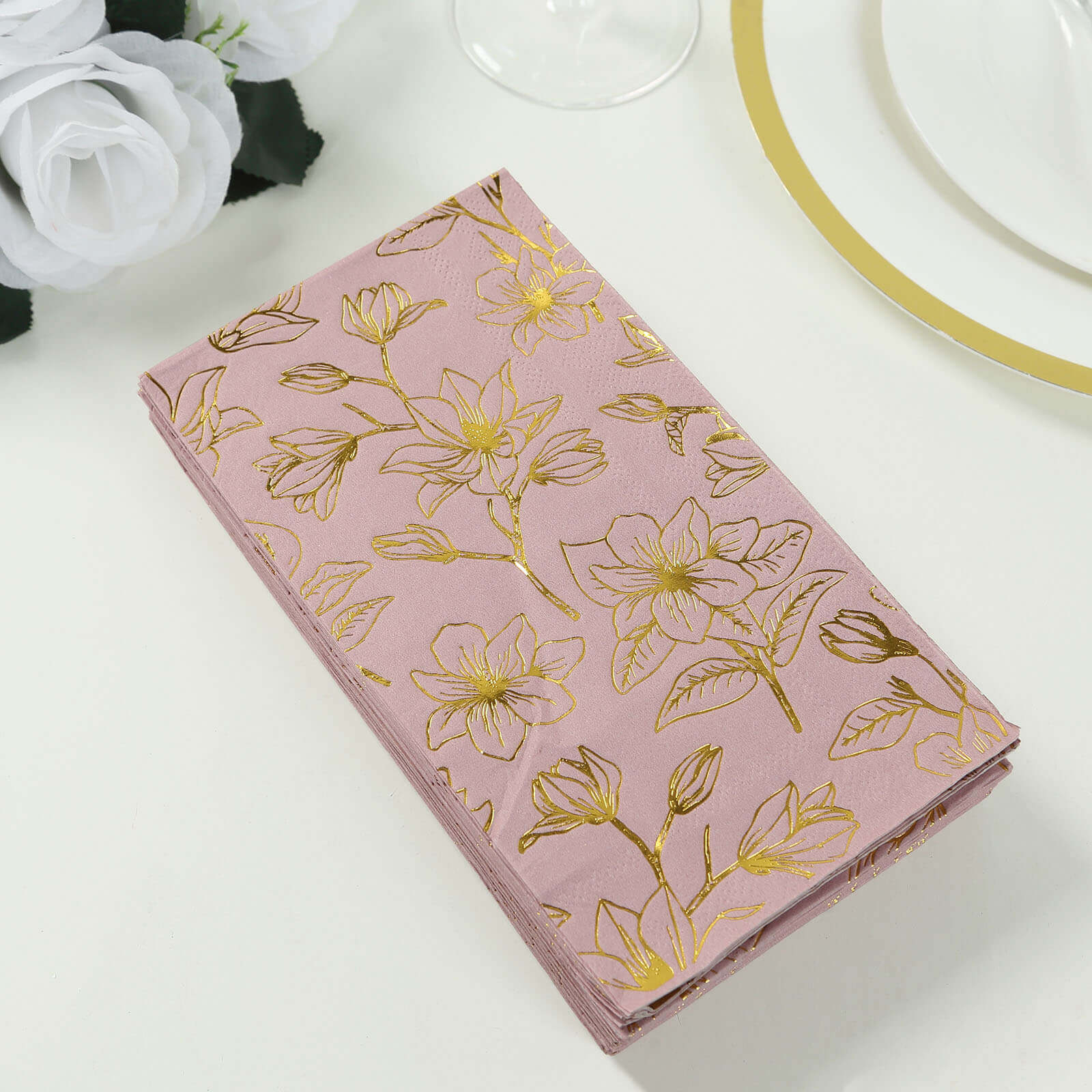 50-Pack Paper Dinner Napkins Dusty Rose with Gold Magnolia Flowers Print 2-Ply - Disposable Soft Napkins for Parties