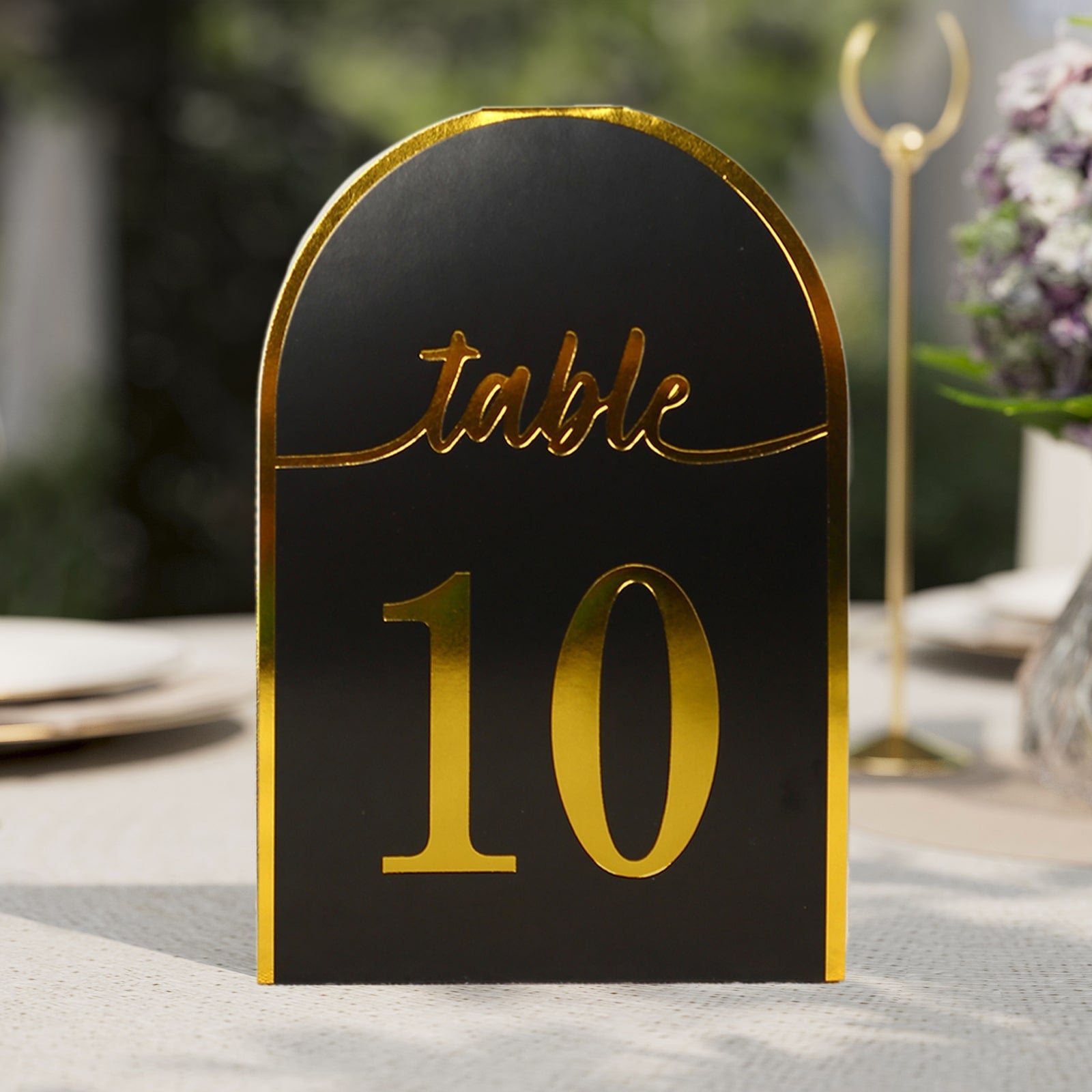 25-Pack Paper Wedding Table Numbers 1-25 Black Arch Cutout Design - Sleek & Modern Free Standing Double Sided Table Tent Cards with Metallic Gold Foil Numbers 7