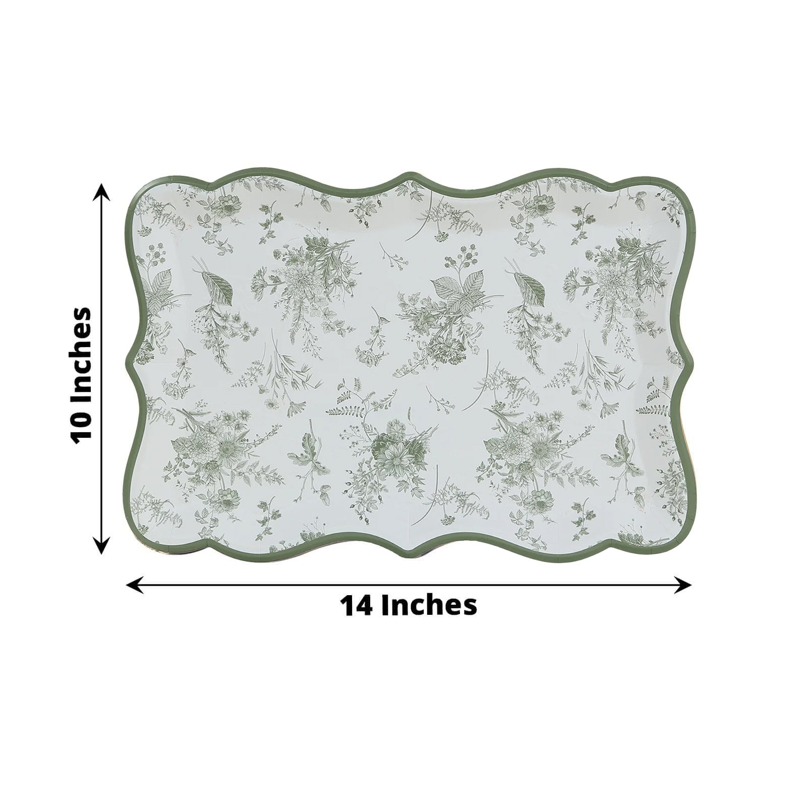 10-Pack Paper 14x10 Rectangle Serving Trays White/Sage Green - Heavy Duty Disposable 400GSM Cardboard Party Platters with French Toile Pattern for Weddings & Parties