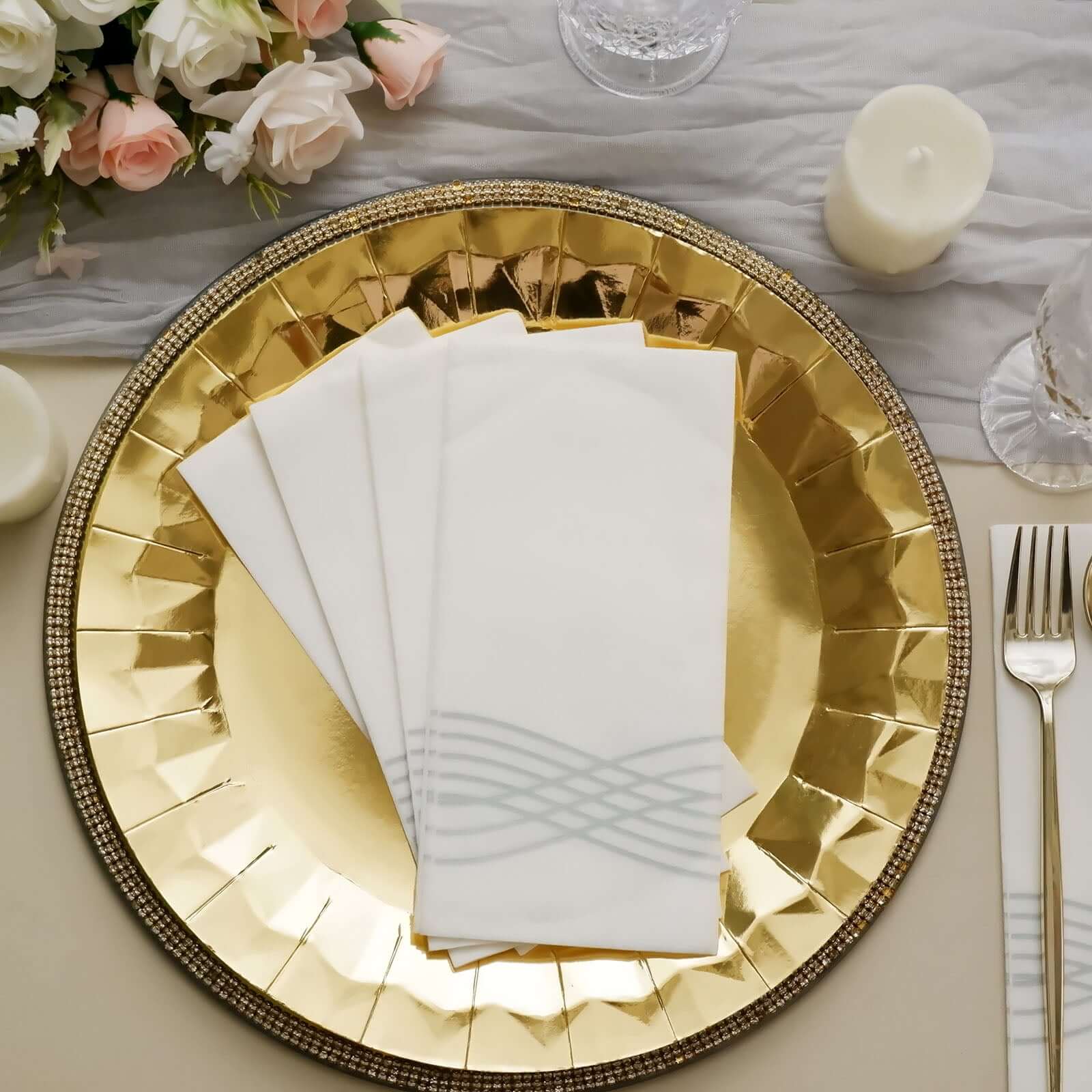 25 Pack Linen-Like Paper 8x4 Napkins White with Metallic Silver Foil Wave Design - Soft & Absotbent Airlaid Hand Towels