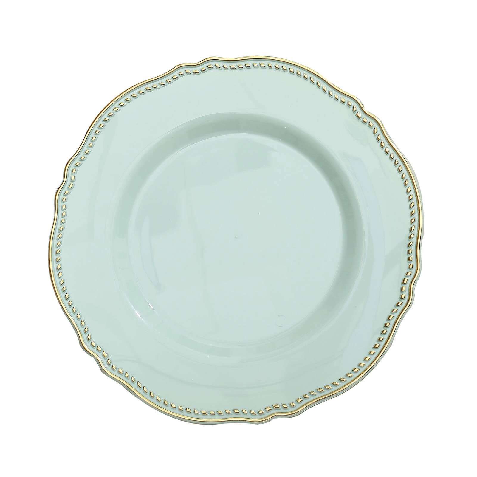 10-Pack Plastic 10 Dinner Plates in Jade with Gold Scalloped Rim - Disposable Large Party Plates