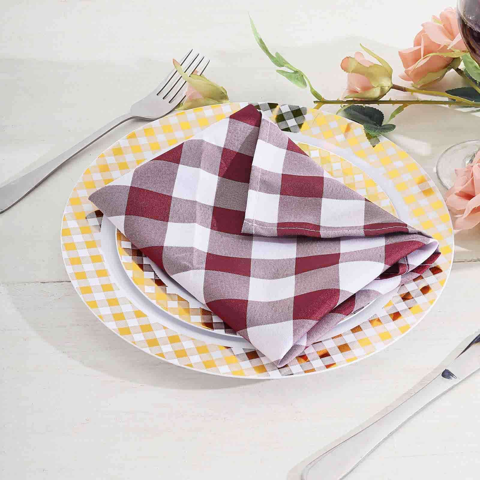 5 Pack Polyester 15x15 Napkins Burgundy/White Buffalo Plaid Gingham Style Cloth Napkins