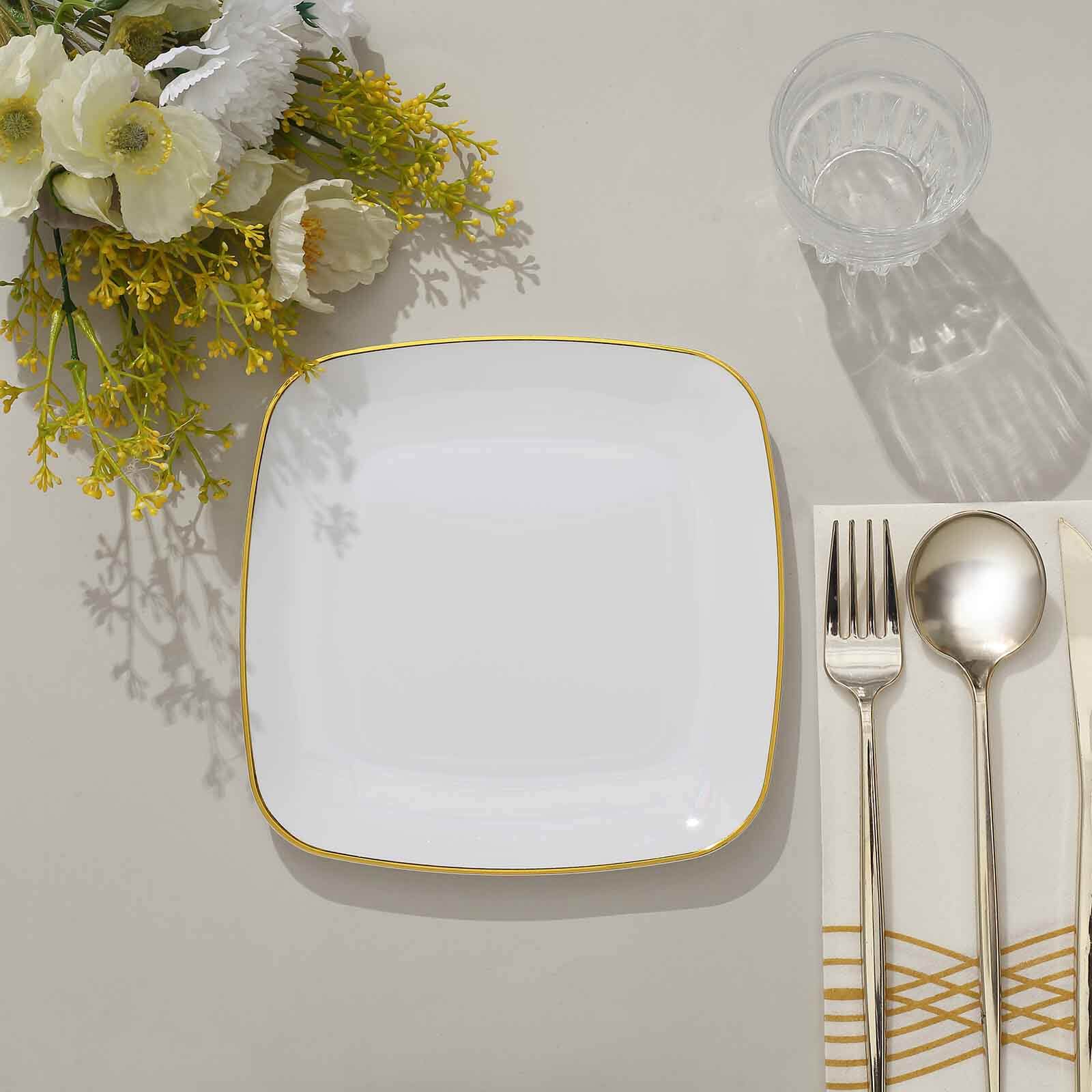 10-Pack Plastic 7 Square Dessert Plates in White with Gold Rim - Classy Disposable Appetizer Salad Plates for Weddings & Special Events