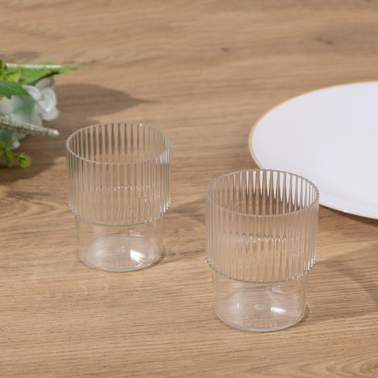 12-Pack Plastic Short Drinking Glasses Clear Ribbed Pattern Stackable - Reusable Tumblers 7oz