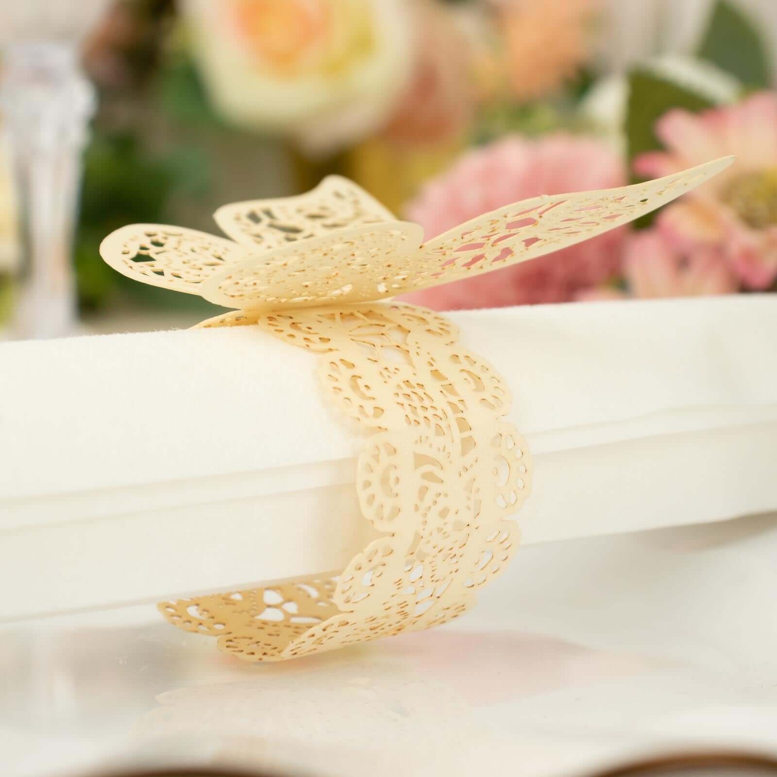 12-Pack Paper Napkin Rings Laser Cut Butterfly Ivory Shimmery - Decorative Serviette Holders