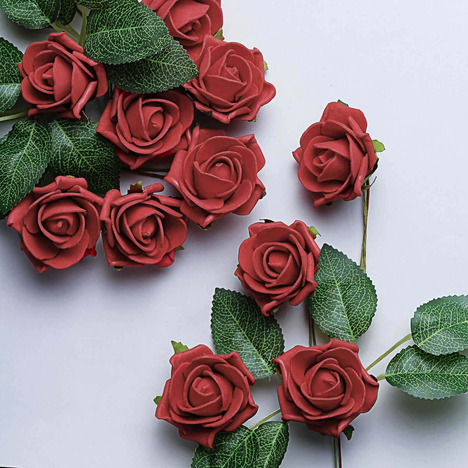 24 Roses 2 Red Artificial Foam Flowers With Stem Wire and Leaves