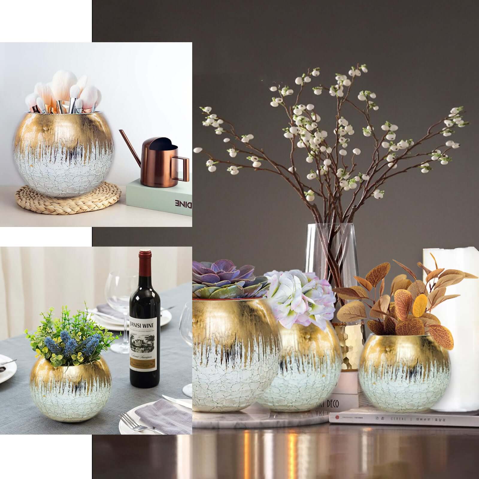 Glass Bud Vase Gold Foiled Crackle Bubble Bowl - Classy Floral Centerpiece for Weddings 4