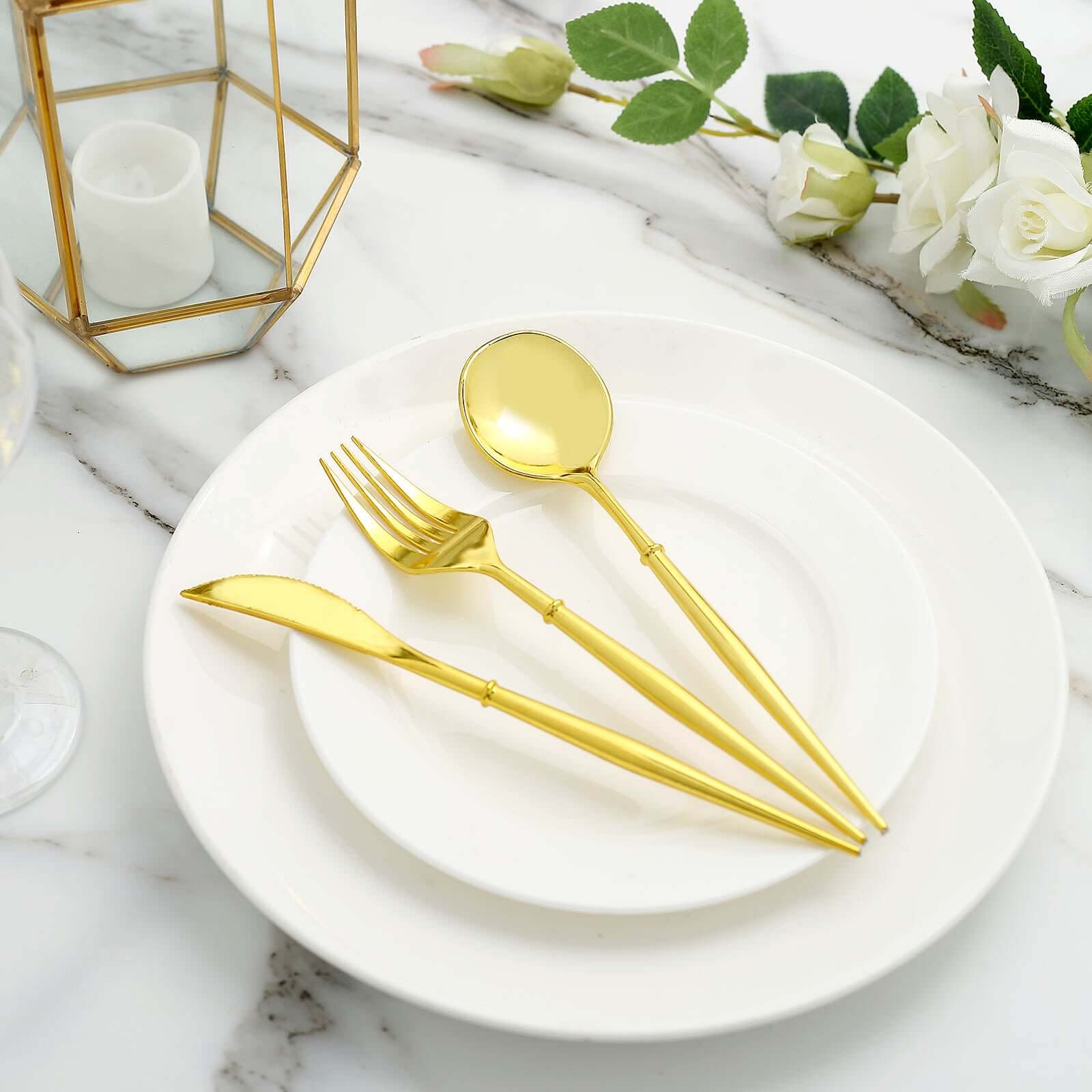 24-Pack Plastic Flatware Set in Gold - Heavy Duty Disposable Modern Silverware 8