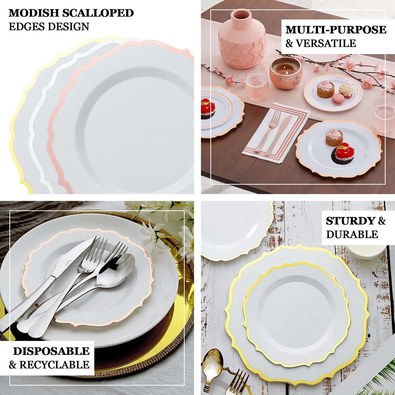 10-Pack Plastic 8 Round Desert Plates in Blush with Gold Scalloped Rim - Disposable Appetizer/Salad Plates