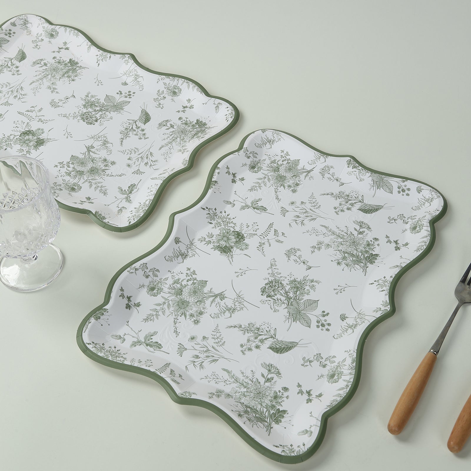 10-Pack Paper 14x10 Rectangle Serving Trays White/Sage Green - Heavy Duty Disposable 400GSM Cardboard Party Platters with French Toile Pattern for Weddings & Parties